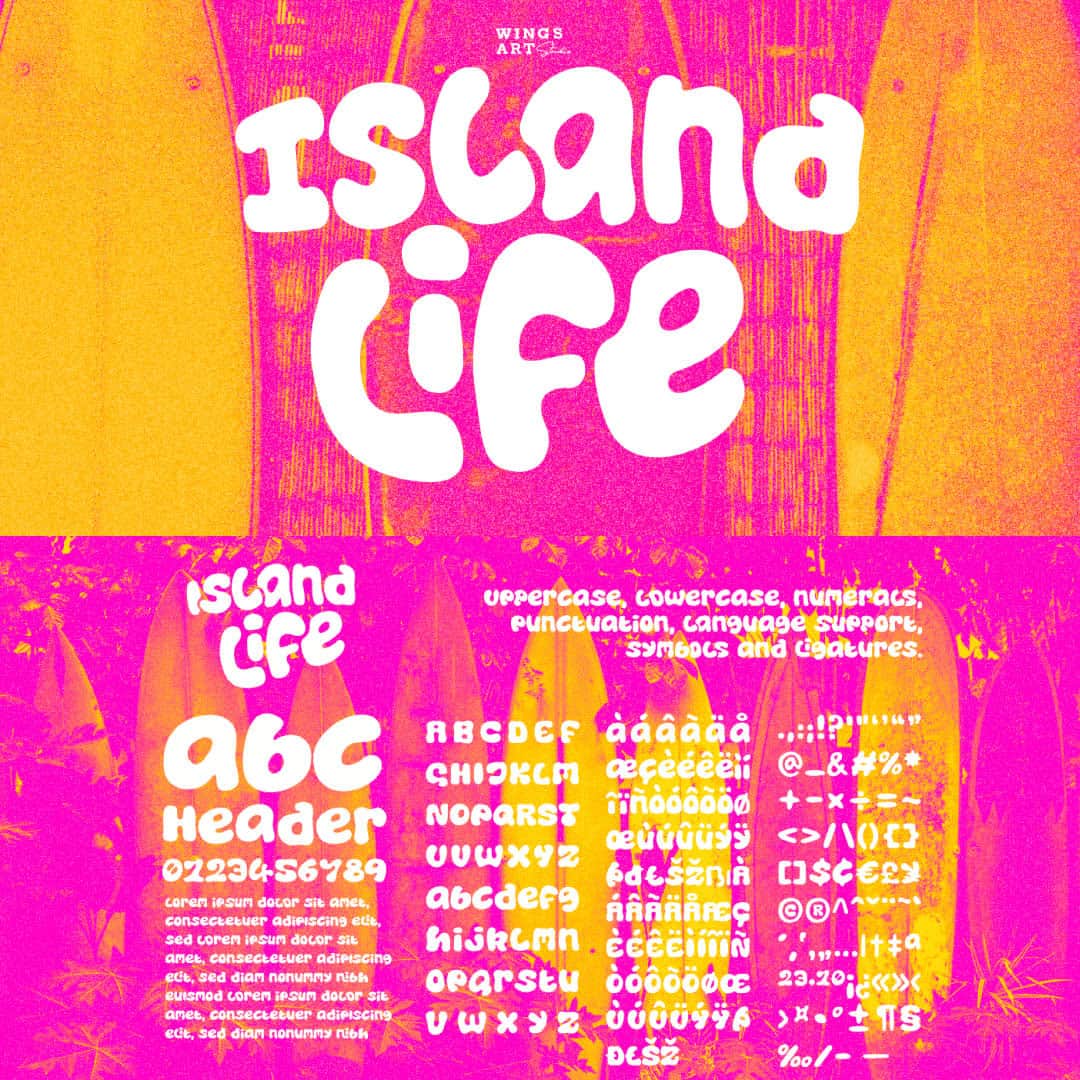 myfontsのインスタグラム：「Island Life by Wing's Art Studio is a font inspired by the loose, wavy style of the type associated with 1970s surf culture. Often found on lo-fi surf movie posters, t-shirts, and decals, it’s an aesthetic that promotes a laid-back, summer-loving style. ☀️🤙 Explore now at MyFonts!」
