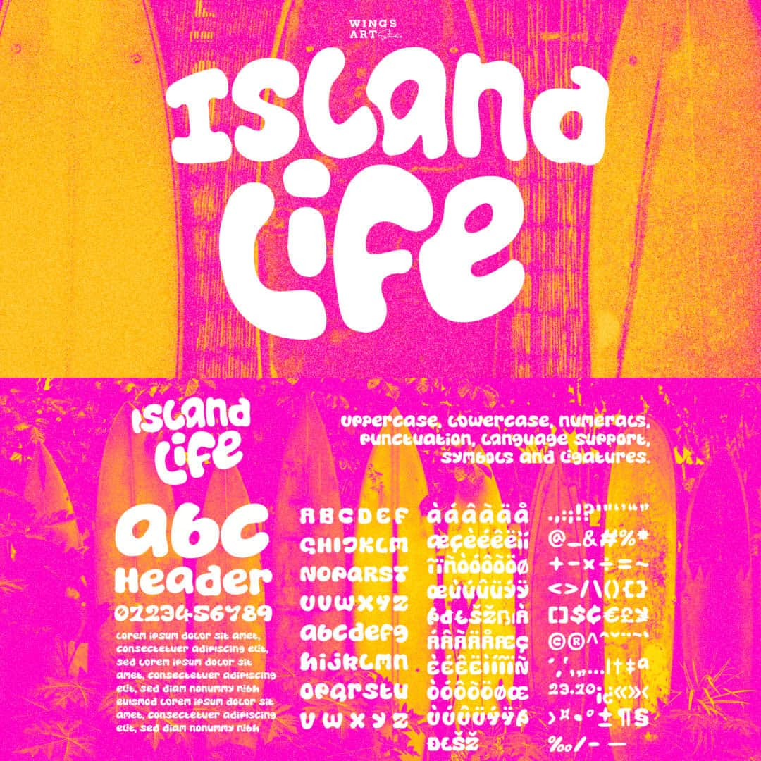 myfontsのインスタグラム：「Island Life by Wing's Art Studio is a font inspired by the loose, wavy style of the type associated with 1970s surf culture. Often found on lo-fi surf movie posters, t-shirts, and decals, it’s an aesthetic that promotes a laid-back, summer-loving style. ☀️🤙 Explore now at MyFonts!」