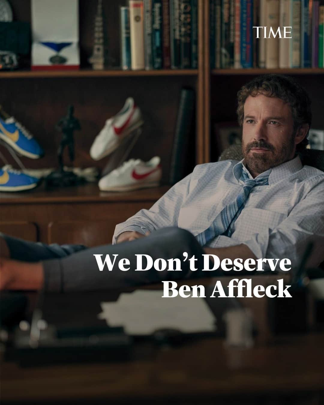 TIME Magazineのインスタグラム：「For a writer-director-actor who’s had every chance to sit on top of the world, few have cultivated an aura of pathos like Ben Affleck. Yet somehow, in spite of his woebegone spirit or because of it, he has become one of the most reliably valuable directors we’ve got, as well as an actor whose performances consistently range from good to low-key great.  #Air, Ben Affleck’s fifth movie as a director — and now streaming on Amazon Prime — may sound like a bore if you don’t care about business, basketball, or athletic shoes. But Affleck uses classic stealth means to make you care.   It’s 1984 and Matt Damon stars as Sonny Vaccaro, a middle-aged businessguy in need of a hit, finds himself against a wall: he’s having trouble finding a young, up-and-coming basketball player to represent Nike products. Many of the names he and his colleagues float have been all but forgotten today, but one keeps coming up: the company would love to have a rookie named Michael Jordan wear their shoes, but he’s already promised his allegiance to another company, Adidas.  We already know Affleck is a good director. But we’ve also seen him at his lowest, contemplating his worth as a man and finding it wanting. Then he comes out and makes a casually superb little movie, almost as if it were no big deal to do so.  At the link in bio, find out why we don’t deserve Ben Affleck.   Photograph by Ana Carballosa—Prime」