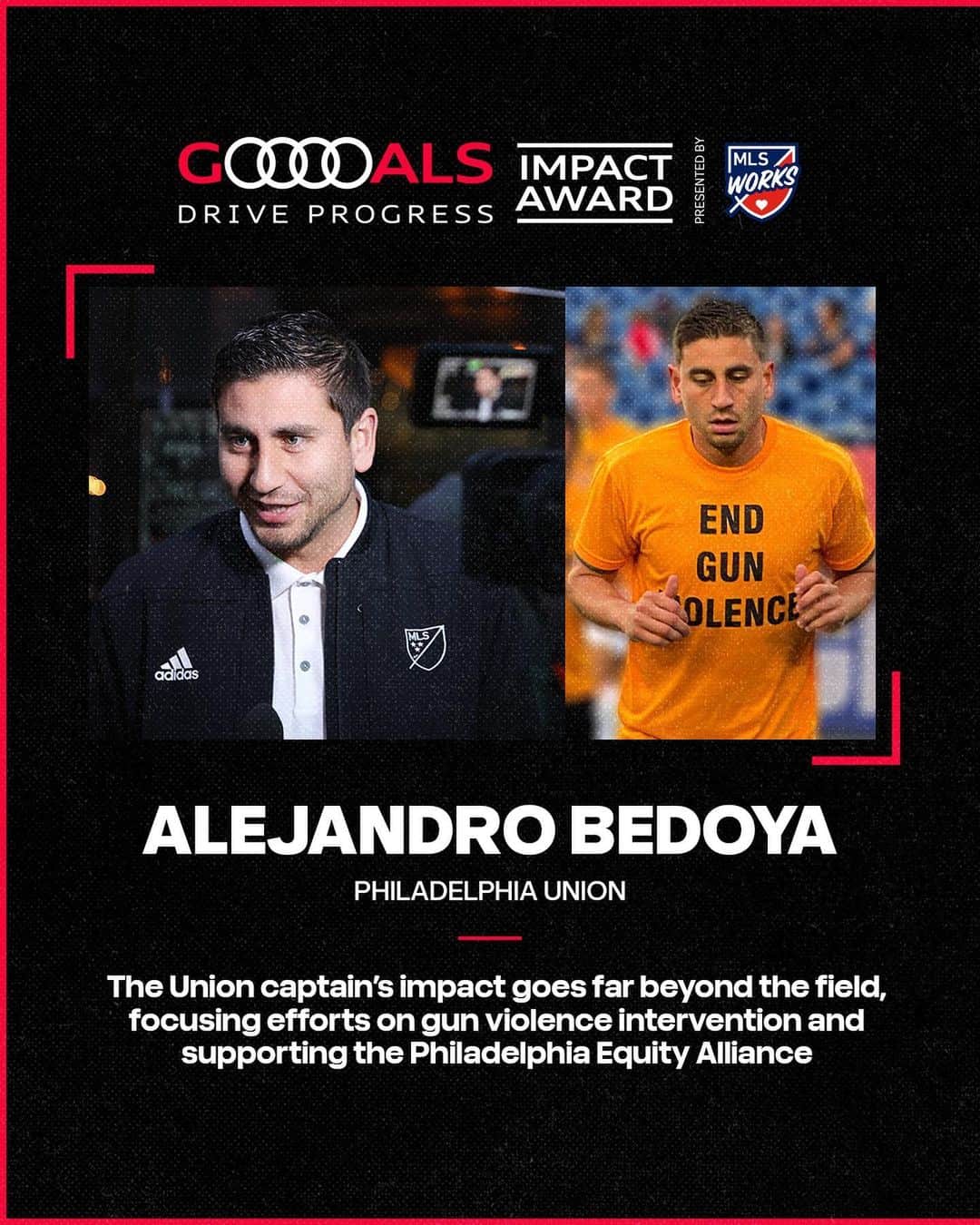 Major League Soccerのインスタグラム：「@audi & MLS have selected @alebedoya as the first spotlight in the new “Celebrating Impact” content series celebrating his activism and commitment to supporting communities both in Philadelphia and across America. #GoalsDriveProgress  Visit @playerstribune for Ale’s full story.」
