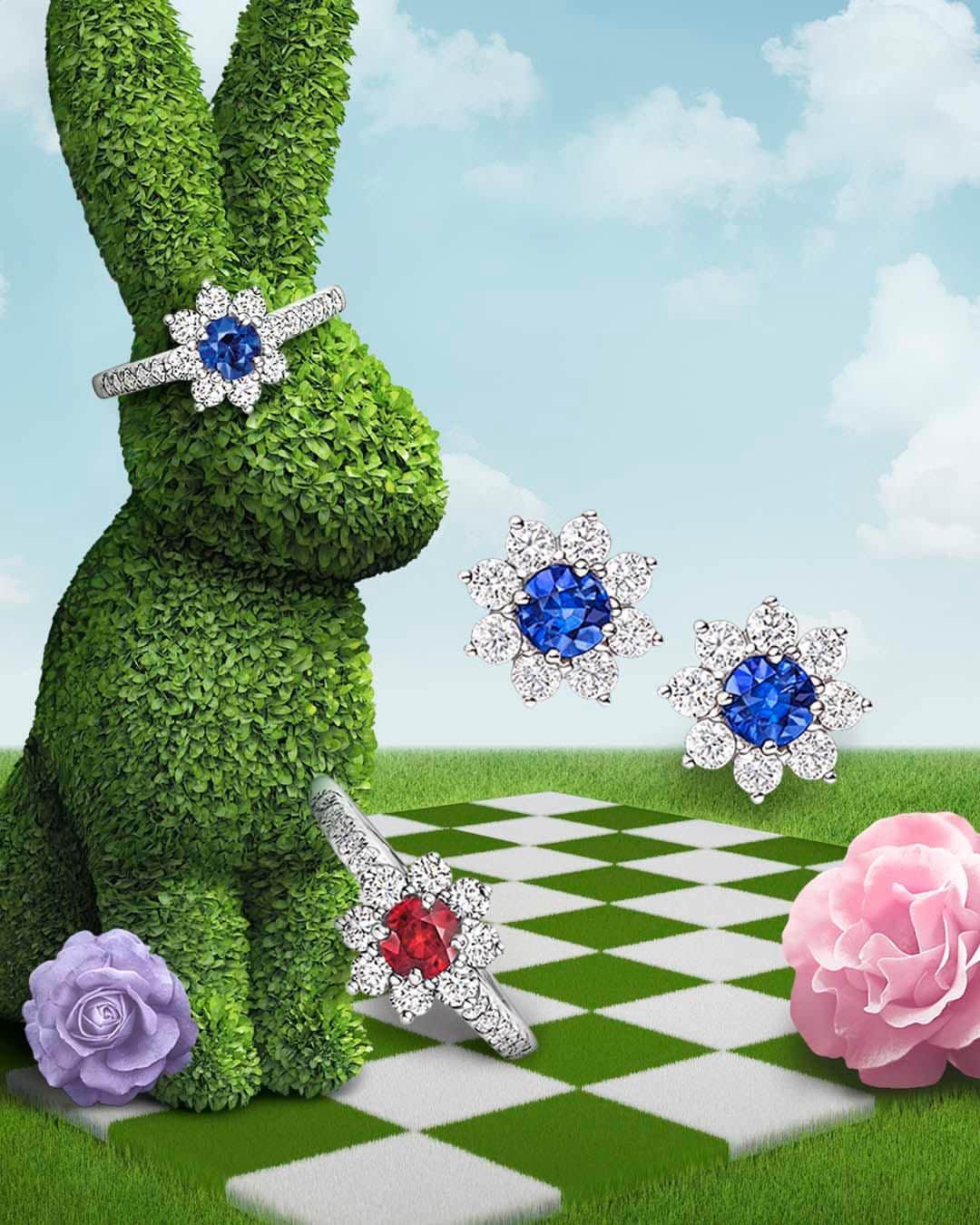 ハリー・ウィンストンのインスタグラム：「With bejeweled petals in vivid sapphires, radiant rubies, and sparkling diamonds, these timeless Sunflower gems radiate springtime warmth within the Winston Maze. Tap the link in bio to brighten your tea party style with Sunflower Petite Rings and Earrings. #HarryWinston #WinstonMaze」