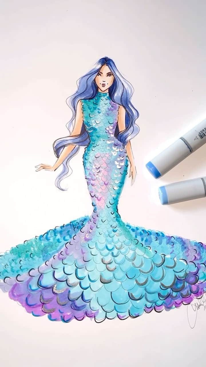 Holly Nicholsのインスタグラム：「Mermaid Gown 🥰🧜🏻‍♀️ shop on my Etsy, “Hnillustration” #mermaid #mermaids #asmr #fashionillustration #copicmarkers #oddlysatisfying #mermay」