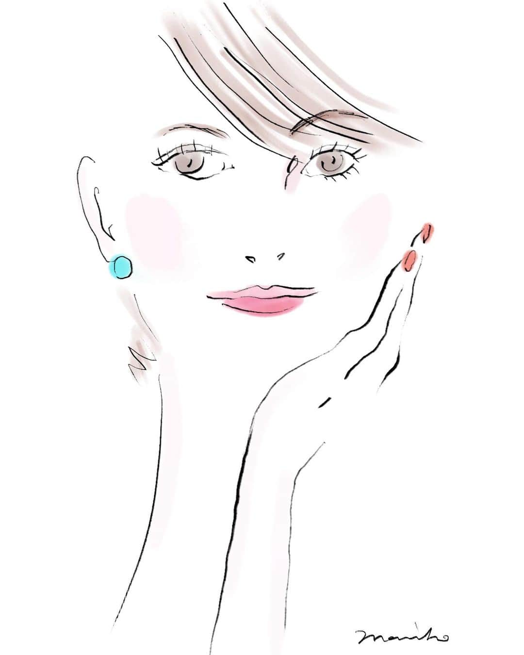 いかりさとみのインスタグラム：「友人が似顔絵をかいてくれた❤️ 『お気に入りのピアスをつけたサト』  いつもアート部と称して一緒に美術館に行っているまりこがかいてくれましたー！🥰 @marikostudio0206   #イラスト#似顔絵 #イラストレーター #嬉しい贈り物 #アート部」