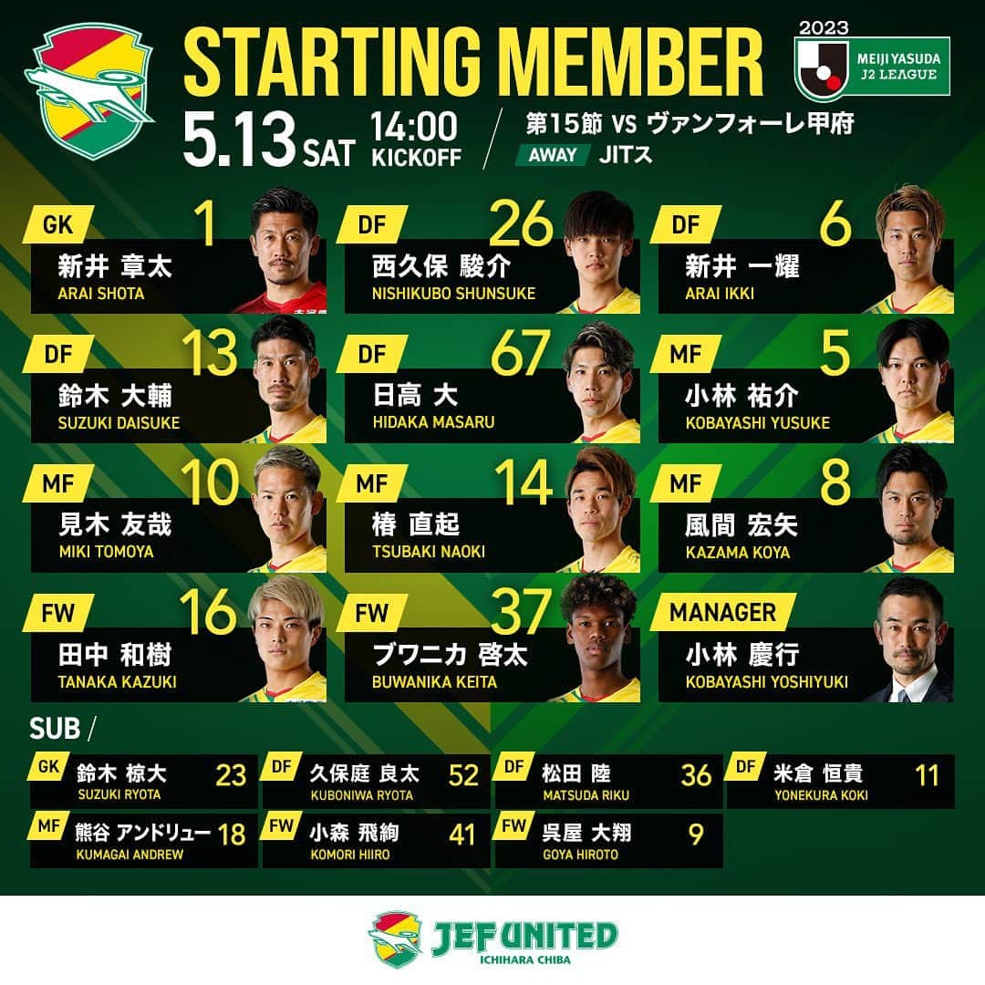 ジェフユナイテッド市原・千葉のインスタグラム：「#5月13日  #第15節  #ヴァンフォーレ甲府 #14時キックオフ   スターティングメンバー発表👍  メンバーの確認はこちら💁‍♂️ bit.ly/44WBvcW  DAZN視聴はこちら💁‍♀️ bit.ly/3EaPvDN  #jefunited #ジェフ千葉  #jleague #WINBYALL」