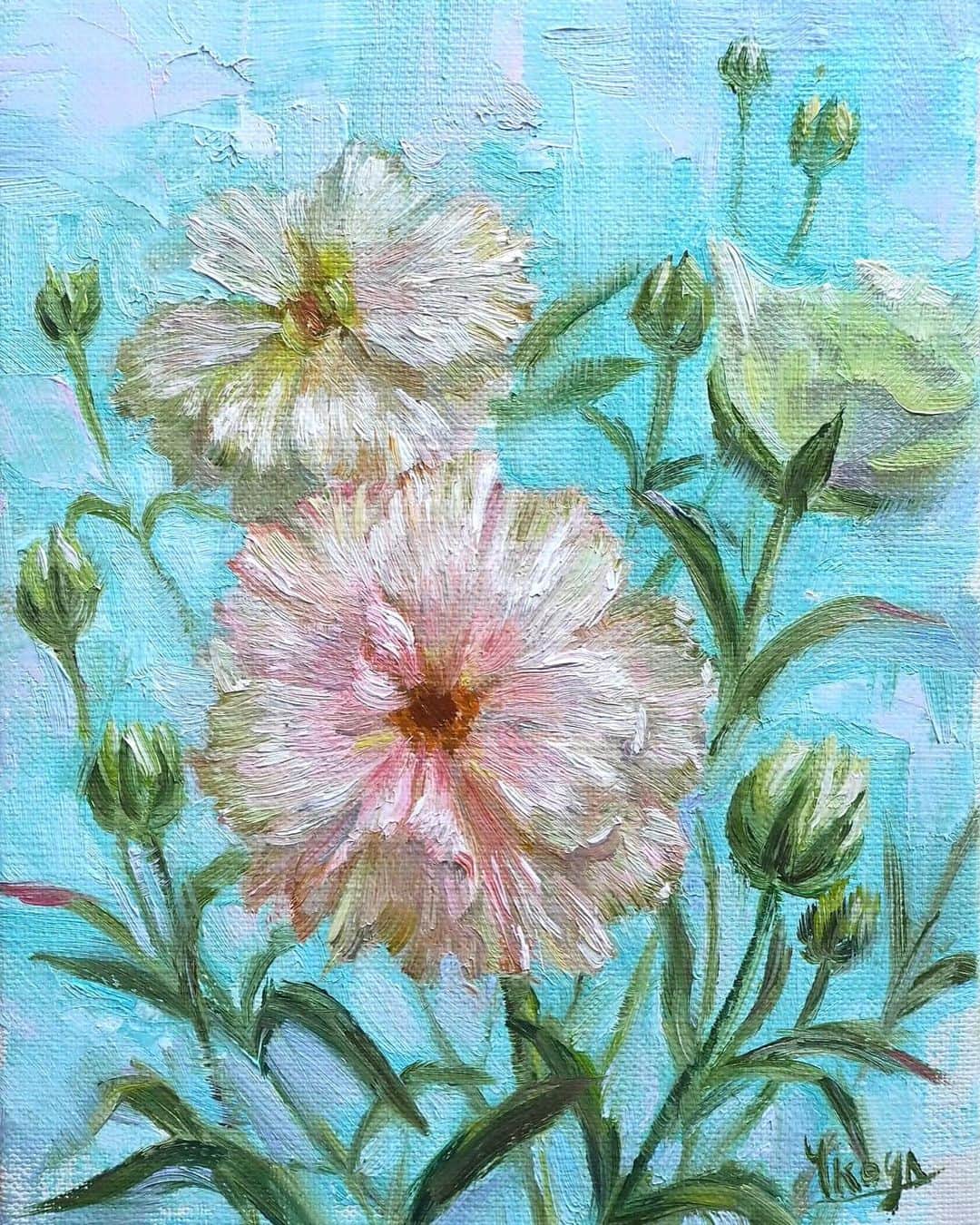 古賀陽子のインスタグラム：「軽やかで可憐なラナンキュラス🥰  #油絵 #画家 #アーティスト #アートコレクター #花のある暮らし #神戸 #西宮 #現代アート #近代アート #美術 #ギャラリー #アートワーク #美術館 #展覧会 #japaneseartist #figurativepainting #figurativeart #artist #artcollector #exhibit #exhibition #gallery #artistsoninstagram #modernart #contemporaryart #artwork #painting #painter #古賀陽子 #yokokoga」