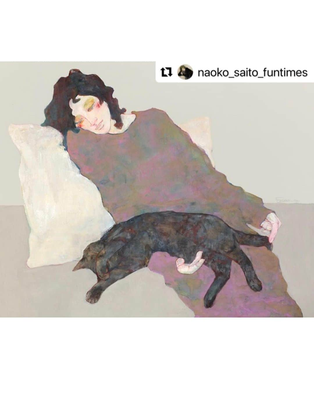 中田絢千さんのインスタグラム写真 - (中田絢千Instagram)「🐈‍⬛ サイトウナオコさんの個展 『#金の草とありあまる花は森に滲むまま 』 ささやかなおてつだいにて、数日間神戸におりました。  素敵なギャラリーで関西あちこちのお客様とお話ししたり、大好きな内田英恵監督の『#絨毯の成る果樹の庭先ートルコある村の手仕事ー 』の上映会に参加したり、  ナオコさんと英恵さん。 大好きなお二人のものづくりに込められた細やかな心配り、温もりを絶やさずもまっすぐ射抜くような視点にふれると、いつも、ほんとうに感動するのです。  充実の日々でなかなか写真を撮らずだったため（笑） 個展の中でもぎゅっと心を掴まれた絵を🐈‍⬛  最後に 「あやちゃん、神戸来る？」と、おさそいをくれたナオコさんに心からの感謝を！！！！  #Repost @naoko_saito_funtimes with @use.repost ・・・ ゴールデンウイークも明けました。 今回の個展で額装をご注文いただいた皆様にメールをお送りいたしました。迷惑メールの方へ入ってしまわないといいなと思いますが、もし届いていない場合には大変お手数ですがインスタDMまたは私のwebサイト(プロフィールにアドレスあります)よりご連絡下さい。 よろしくお願い申し上げます。  すでに額装済みのdrawing作品などそのほかの作品は順次発送となりますので到着までもうしばらくお待ち下さいませ。  よろしくお願いいたします。  『しあわせな痺れ』 遠征帰宅後のゴールデンウイーク後半、離れ離れをこんなにしたのは初めてだった秘書にまさにこの絵のごとく痺れさせられまくりの日々。しあわせなり。  #art #artwork #drawing #painting #naokosaito #サイトウナオコ #キジマル #ハナ #はんさむたろう #artist #cat #turtle #japan #haruofuntimes #モリ #アリ #exhibition #金の草とありあまる花は森に滲むまま」5月13日 22時15分 - ayaka_nakata