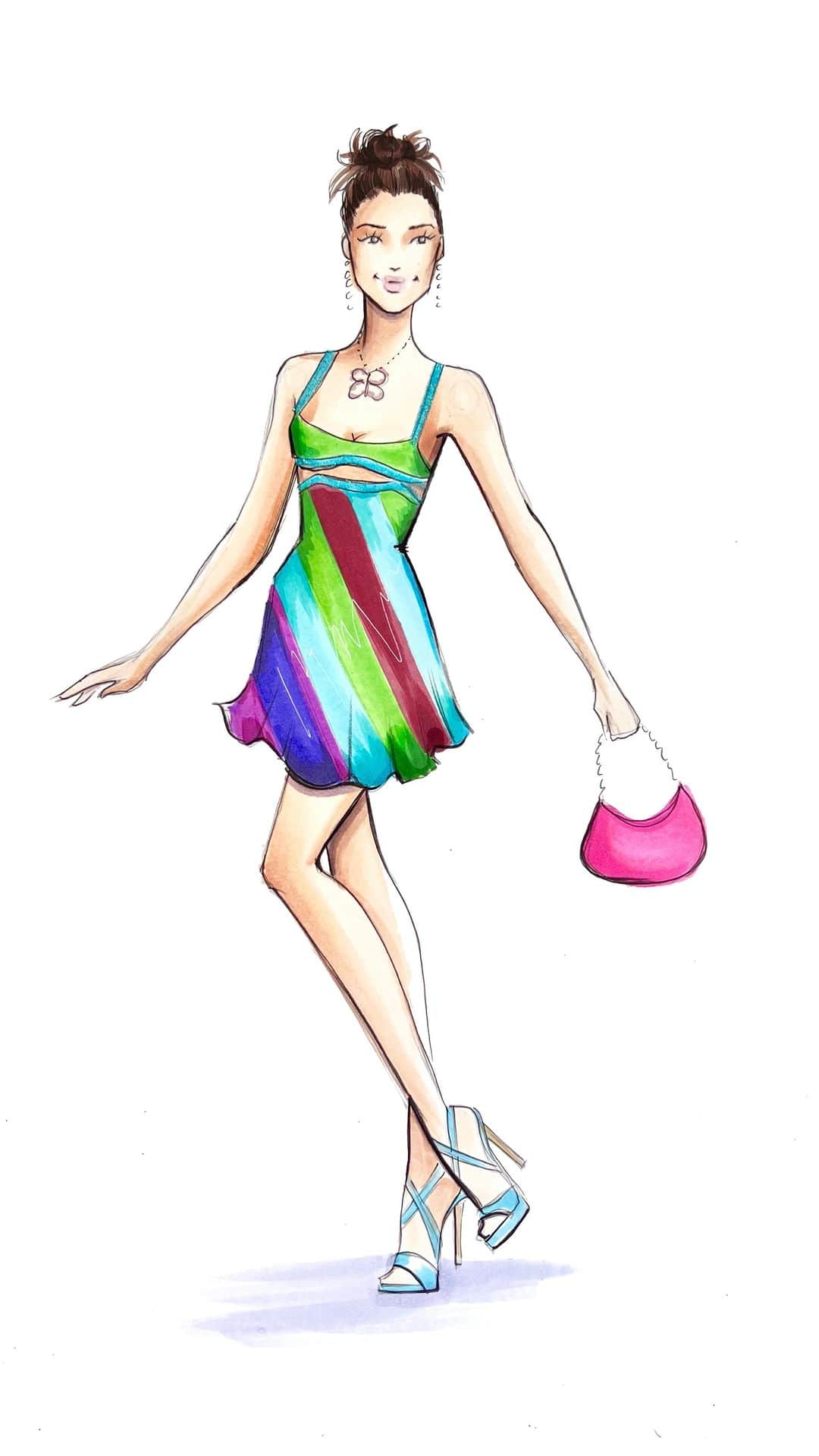 Holly Nicholsのインスタグラム：「30 and Flirty and Thriving! Jennifer Garner in Versace in “13 Going on 30” 🩷 #13goingon30 #fashionillustration #asmr #copicmarkers #illustration」