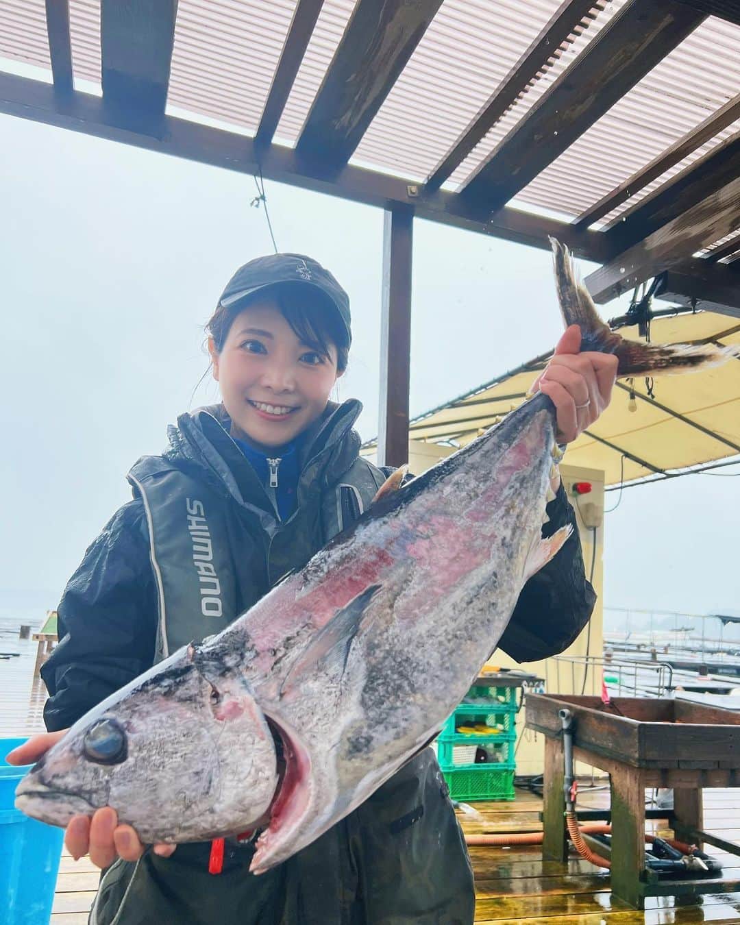 本谷紗己のインスタグラム：「時差投稿🐟  マグロを一本頂いたので YouTubeをみながらお家で捌きました😳‼︎ いや〜なんでもチャレンジしてみるものです💪🏽！ 2人でキッチンで格闘しました😂 マグロはお刺身やお寿司、漬け丼に、鯛は鯛出汁茶漬けや鯛めし、汁物にしたり焼いたりお裾分けして食べました🍣  そしてまるで私がマグロを釣ったかのような写真になっていますが😂 実際はタグ付き🏷の鯛を最初に釣った人にマグロプレゼント🎁という事で 最初に釣ったのは夫なのに たまたま受け取ったのが私で 撮ってもらった写真なんです🤣🌸 詐欺写真のようになってしまいました😇  夫がいつもお世話になっている方に連れて行っていただいたんですが 雨の日関係なく楽しみました🎣 また行きたいねって話してます🙆‍♀️✨  #釣り堀　#釣り　#マグロ　#鯛　#5枚おろし　#楽しい　#youtube に感謝　#fishing」