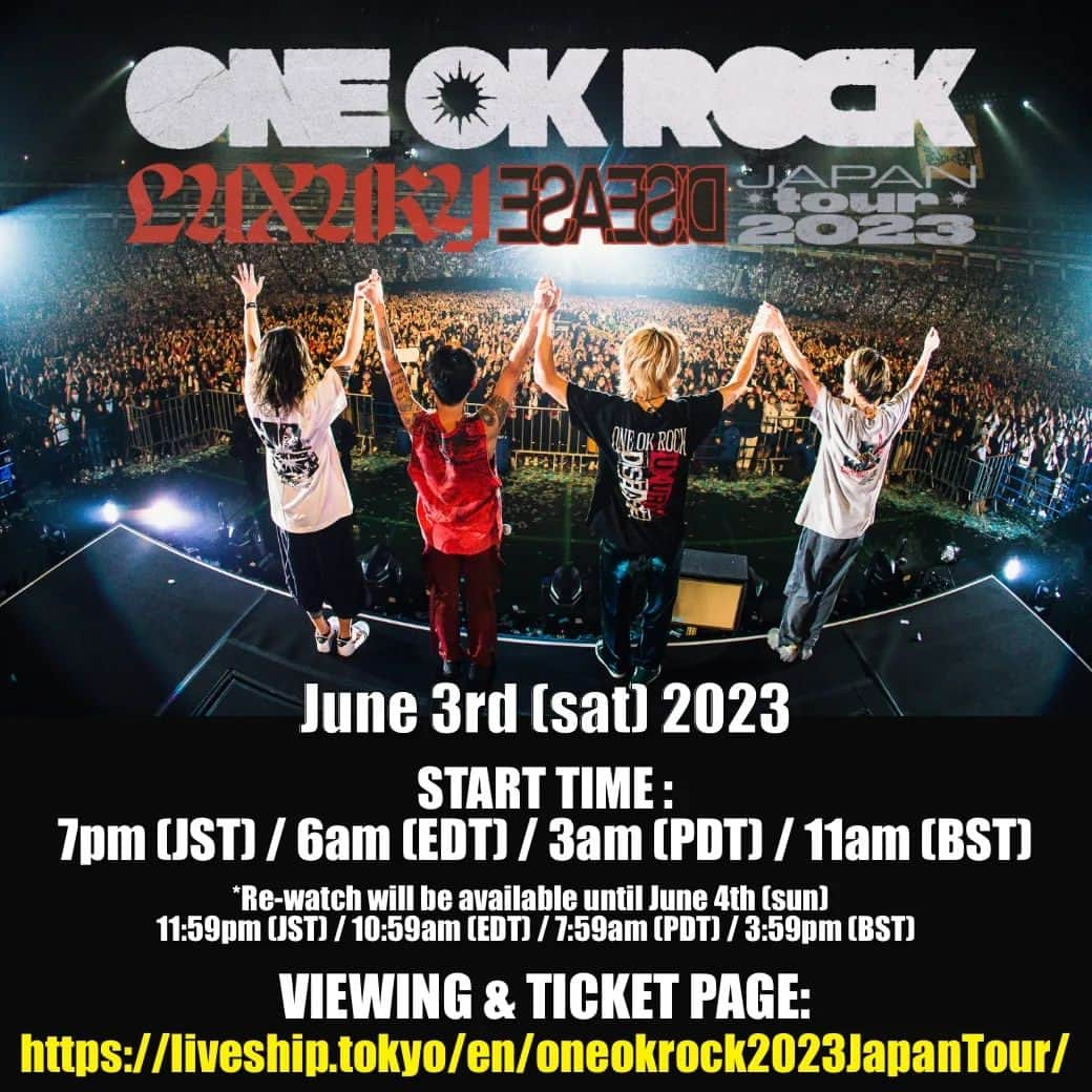 ONE OK ROCKさんのインスタグラム写真 - (ONE OK ROCKInstagram)「The website for the Global Livestream on June 3rd is now open! Get your tickets and details here! https://liveship.tokyo/en/oneokrock2023JapanTour/  6月3日(土)に東京ドーム公演のライブ配信が決定！ 詳細・視聴・チケット購入はこちら↓↓↓ https://liveship.tokyo/oneokrock2023JapanTour/  #ONEOKROCK #OOR_LD_TOUR」5月13日 20時15分 - oneokrockofficial