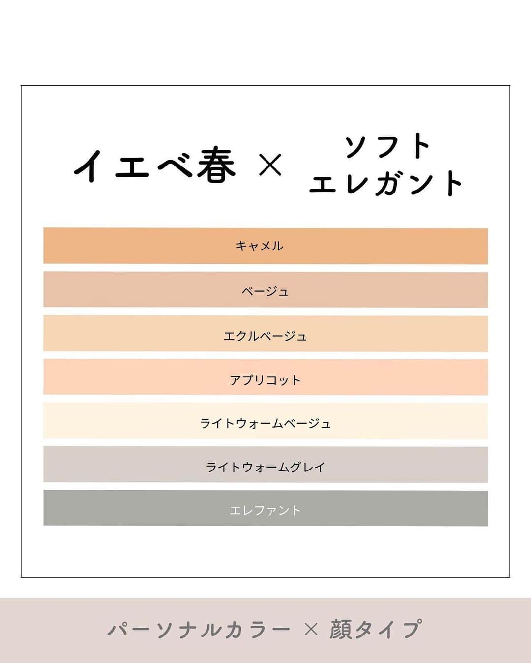 山本裕美のインスタグラム：「. 診断後のお客様から 色に関しての質問がとても多いので 「パーソナルカラー×顔タイプ」を 私なりにまとめております😊  ／ イエベ春(Spring) 　× 顔タイプソフトエレガント ＼  シンプルでキレイめな雰囲気が似合う #顔タイプソフトエレガント さんは上品で気をてらわない ベーシックなテイストが得意です。  パーソナルカラー スプリングは 明るく鮮やかな色も多いですが あまり彩度を強くせず ソフトな色でまとめると🙆‍♀️  ワントーンコーデやグラデーションコーデなど シンプルだからこそ色を重ねることで お洒落度をアップさせてくださいね☺️  -----  ✨人生の節目に一生モノの自分軸を✨  各種診断・講座の詳細は プロフィール欄のURLよりMENUをご覧ください。 @hiromi_yamamoto_mc  ✍️顔タイプ診断®︎や骨格診断ができる プロ養成講座も開講中✨  【顔タイプ診断１級 認定講座】 2023年 7/22(土) 10:000〜17:00 2023年 7/23(日) 10:00〜17:00 の2日間  【パーソナル骨格診断 認定講座】 2023年 5/27(土) 10:00〜17:00 2023年 5/28(日) 10:00〜17:00  の2日間🈵  2023年 8/3(木) 10:00〜17:00 2023年8/4(金) 10:00〜17:00 の2日間  その他、ご希望の曜日などございましたらお気軽にDMくださいね☺️📩  ------------------- #イエベ #イエベ春 #顔タイプ診断　 #パーソナルカラースプリング #イエベメイク #パーソナルカラー診断大阪 #顔タイプ #パーソナルカラーネイル  #パーソナルカラーSpring #ライトスプリング #ウォームスプリング #ブライトスプリング #顔タイプ診断大阪  #イエベネイル #顔タイプ診断ソフトエレガント #パーソナルカラー春 #16タイプパーソナルカラー診断大阪 #ソフトエレガント #ソフエレ #パーソナルカラー診断心斎橋　 #顔タイプ診断心斎橋 #骨格診断大阪」