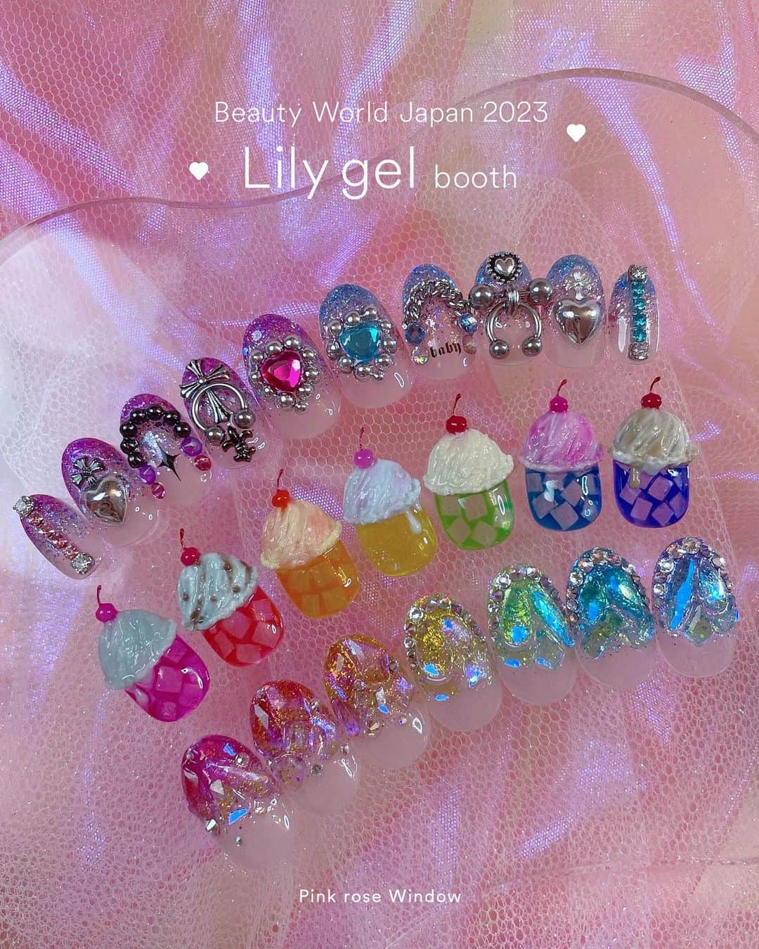 KAI32のインスタグラム：「. Beauty World Japan 2023🎀 ✿.*・ . @lilygel.nail  Lily gelブースにて2日間 デモンストレーションをさせて頂きます🌈✨  ⏬スケジュール 💫5月15日  11:00〜11:45  〝クリームソーダネイル〟  . 💫5月16日 11:00〜11:45 〝Rainbow Candy Seriesを使用した グラデーションアート２種〟 . . BWJにご来場のお客様はお時間がありましたら是非Lily gelブースにお立ち寄りください🪞🫧  お待ちしております🫶🏻  📍Lily gelブース 東京ビックサイト【東1ホール G026】 ピンクのくまちゃんが目印🧸 . . #pinkrosewindow #pink_rose_window  #lillygel」