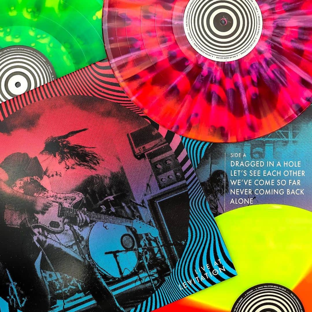 A Place to Bury Strangersのインスタグラム：「Our new live album, “Live at Levitation” is out June 30!   Check out these beautiful @levitation pressings: available on Swirl, Splatter and Tri Color goodness, these are moving!   Hit Levitation.fm and grab a copy! (Linkin.bio)」