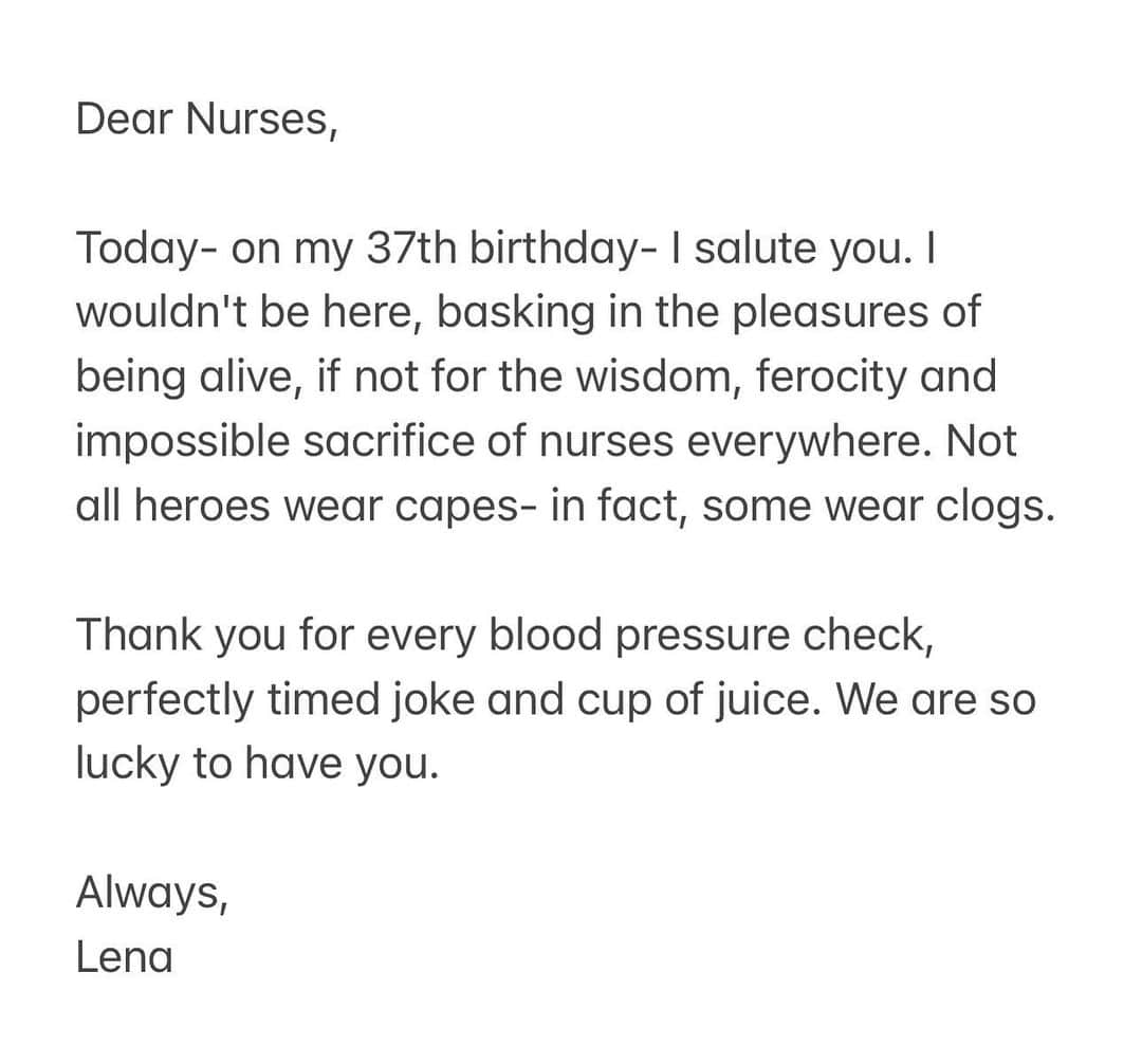 レナ・ダナムさんのインスタグラム写真 - (レナ・ダナムInstagram)「#DearNurses THANK YOU 🙏  #WithLove, Lena  I nominate @missrosamercury, @georgiewileman and @mimibutlin to write and share your own #DearNurses letter of appreciation」5月14日 4時53分 - lenadunham
