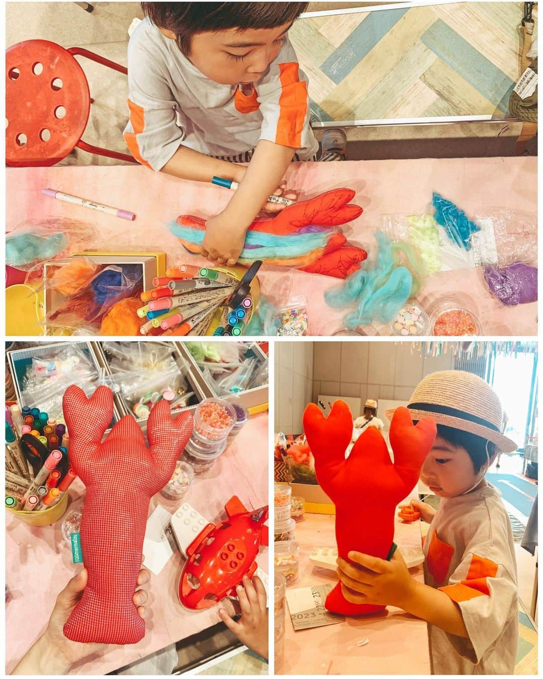 むらたさきさんのインスタグラム写真 - (むらたさきInstagram)「🦞🦞 ． GWのイベントで、 サンちゃん👦が心奪われた @100mermaids さんのぬいぐるみ作りブース🧸🪡にて、 《チョコザリガニ》を作りました♡♡ つたわれ〜 ↑ 命名も👦🗣️ (チョコ食べたかった気持ち全面に出た🍫🤣？) ． ． 色んな形のぬいぐるみベースがあって、 その中から好きなものを選んで、 装飾したり、絵を描いたり〜と自由に仕上げていくもので、 ． 👦は羊毛フェルトが気に入って 青、紫、オレンジ〜と自分で順番を決めて、 母が一緒に手伝いながらパンチニードル🪡で縫い付けたり、 おなかと背中にマジックで絵を描いたり✍️ ． ． 途中からウトウトと睡魔に襲われ😪💤 “ここにこれを付けて、これはこうして〜”と 配置を決めてもらって、 いざ、夢の中へ〜〜🙌😴 (3枚目🎬) ． #sunnybrothers_movies ． ． ． あとは、母ちゃんひたすら チクチク縫って無事完成🥰🦞🪡🧵 ． 2時間強かかったけれど、 夢中で作業出来てこれはこれでいい時間でした🤣👍♡ ． ． ． 出来上がった🦞を渡すと、 寝起きで大あくびしながらも抱きしめて帰宅🥰🏃‍♂️ (8枚目) ↑ ハサミの先に 尖ったビーズたくさん付けたもんだから、 抱き心地チクチクやけども〜😆✂️ ． ． ． 帰ってから、 👦「このポンポンは、やっぱり付けない」と、 パーツを3つ外して、 《チョコザリガニ》完成🦞✨ (5枚目) ． ． 色んなことへのこだわりが強くて、 余裕のない時はめんどくさい…と思ってしまうこともあるけど😂🙊㊙️、 貫きたい自分の思いがあるのはいいことだ😘🎖️ ． 思い描いたぬいぐるみが作れてよかったね🪡☺️👍 ． ． ． お下がり通園バッグも、 ポケモンワッペンをたくさん縫い付けてパワーアップ💼🪡🧵 (7枚目) ． かっこいい🕺を追い求めはじめた3歳児👦🩵、 大喜びしてくれました♡♡ ． ． ． ． ． ． ． ． ． ． #9歳 #7歳 #3歳 #三兄弟 の三男👦 ． #こどもとおでかけ　 #こどもアート #ザリガニ #イラストレーター」5月14日 17時20分 - muratasaki