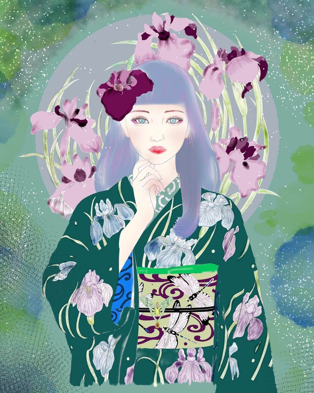 旭桃果のインスタグラム：「#大人の塗り絵プレミアム着物姿の乙女たち  再アップ！  左右対称のお顔じゃないのがいい。  #japanesegirl #japanesekimono #花菖蒲 #塗り絵 #大人の塗り絵」