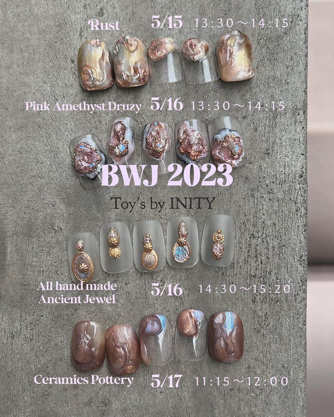 FanFanさんのインスタグラム写真 - (FanFanInstagram)「Beauty World Japan Toy's by Inityブース　でデモンストレーションします♡  5/15 13:30〜14:15 (Rust)  5/16 13:30〜14:15(Pink Amethyst Druzy)  5/16 14:30〜15:20(All Hand Made Ancient Jewel)  5/17 11:15〜12:00(Ceramics Pottery)  #toysbyinity #fanfan #fanfannail #bwj2023」5月14日 9時19分 - fanfan_colorsnail