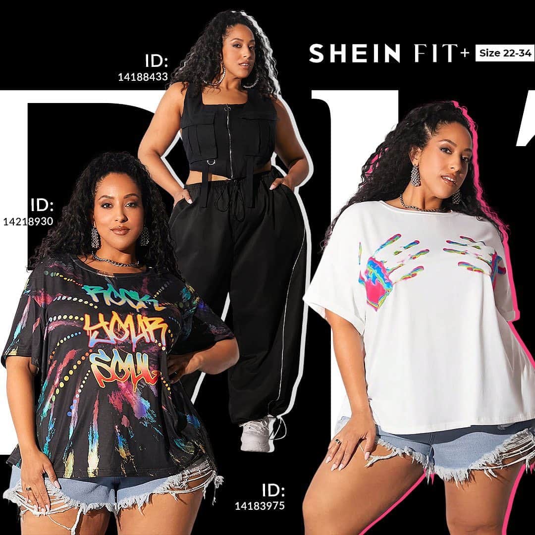 SHEINのインスタグラム：「Unleash your fashion rebel with edgy street style that screams attitude 🙌🔥  🔎14218930 14218555 14188856 14188433 14183975 14183698  🔗: https://shein.shop/qeo7hx6  #SHEINFITPLUS #streetwear  Model is wearing: US22」