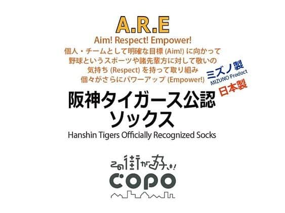 靴下専門店コポさんのインスタグラム写真 - (靴下専門店コポInstagram)「A.R.E Aim! Respect! Empower! 個人・チームとして明確な目標(Aim!)に向かって野球というスポーツや諸先輩方に対して敬いの気持(Respect)を持って取り組み 個々がさらにパワーアップ(Empower!) 阪神タイガース公認ソックス Hanshin Tigers Officially Recognized Socks ミズノ製  MIZUNO Prodoct 日本製 MADE IN JAPAN ◇写真/コポ南心斎橋店/エビスタ西宮店  ●コポnet web https://copo-net.jp 【取り扱い店舗一覧】 ◆大阪エリア 〇南心斎橋店 心斎橋筋商店街 〇野田阪神店 WISTE（ウィステ）2F ◆兵庫県エリア 〇尼セン店 アマスタアマセン１F 〇西宮北口店 アクタ西宮ショッピングモール西館2F 〇エビスタ西宮店　阪神西宮エビスタ西宮2F 〇三宮センター街店 センタープラザ東館1F  #心斎橋筋商店街 #三宮センター街 #野田阪神 #尼セン #アクタ西宮  #コポ #ARE #阪神タイガーズ #靴下 #野球」5月14日 11時29分 - copo_net