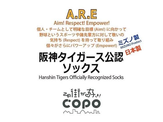 靴下専門店コポのインスタグラム：「A.R.E Aim! Respect! Empower! 個人・チームとして明確な目標(Aim!)に向かって野球というスポーツや諸先輩方に対して敬いの気持(Respect)を持って取り組み 個々がさらにパワーアップ(Empower!) 阪神タイガース公認ソックス Hanshin Tigers Officially Recognized Socks ミズノ製  MIZUNO Prodoct 日本製 MADE IN JAPAN ◇写真/コポ南心斎橋店/エビスタ西宮店  ●コポnet web https://copo-net.jp 【取り扱い店舗一覧】 ◆大阪エリア 〇南心斎橋店 心斎橋筋商店街 〇野田阪神店 WISTE（ウィステ）2F ◆兵庫県エリア 〇尼セン店 アマスタアマセン１F 〇西宮北口店 アクタ西宮ショッピングモール西館2F 〇エビスタ西宮店　阪神西宮エビスタ西宮2F 〇三宮センター街店 センタープラザ東館1F  #心斎橋筋商店街 #三宮センター街 #野田阪神 #尼セン #アクタ西宮  #コポ #ARE #阪神タイガーズ #靴下 #野球」
