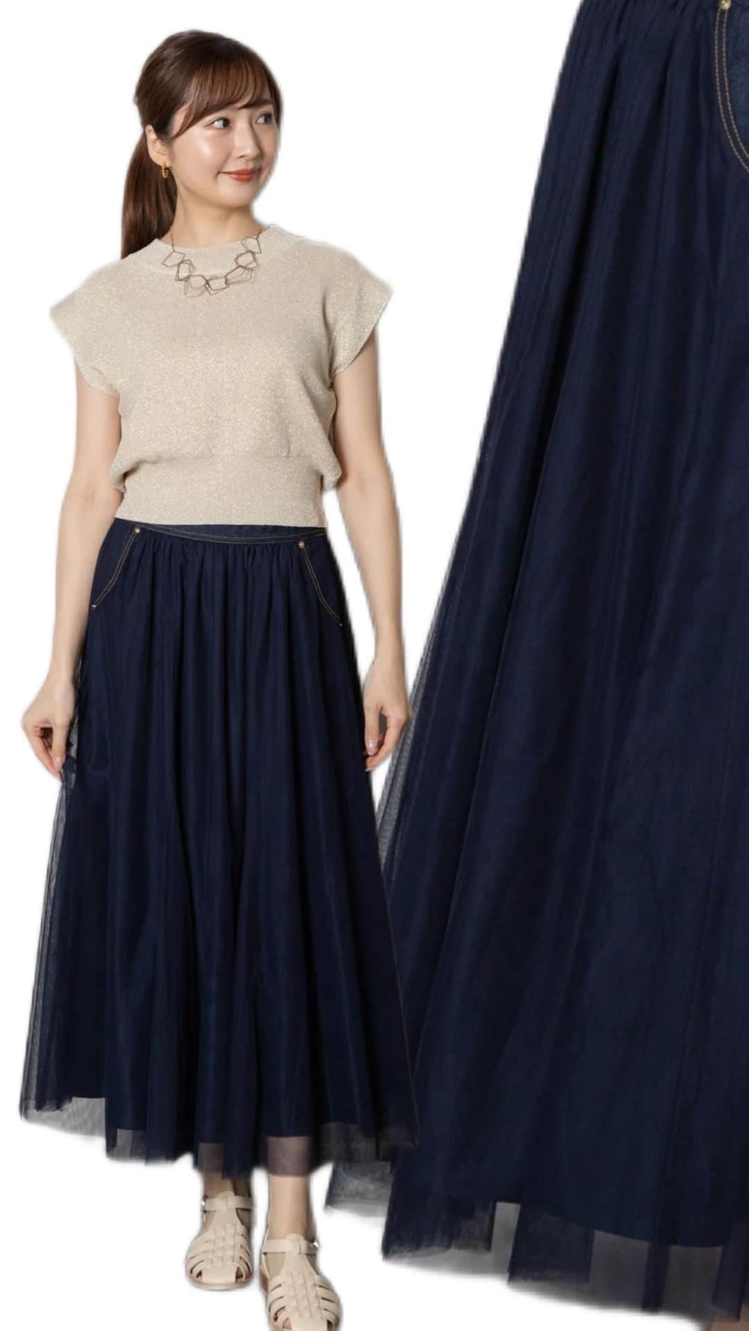 エルベンスのインスタグラム：「チュール&デニムコンビスカート¥7,700(税込) : :  #チュールスカート#オーガンジースカート#新作#23ss #３０代コーディネート　#４０代コーディネート #５０代コーディネート#３０代ファッション#４０代ファッション　#50代ファッション#elvencedeux#エルベンスドゥ」