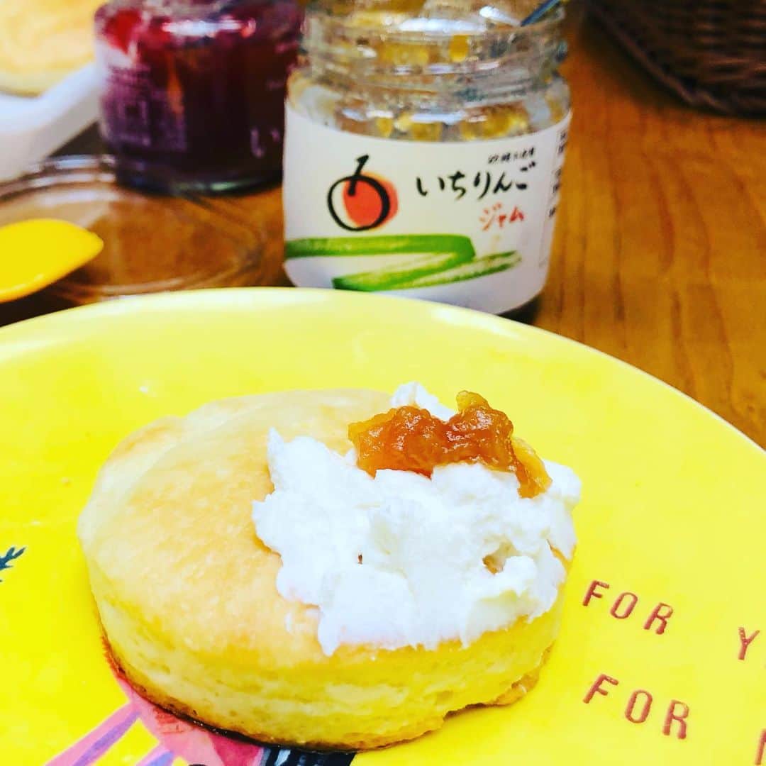 水谷さるころのインスタグラム：「美味しいりんごジャムを買ったので、朝からビスケットを焼いた。りんごとクリームチーズだけでなく、ハニーナッツも加えて朝から罪を重ねた。」