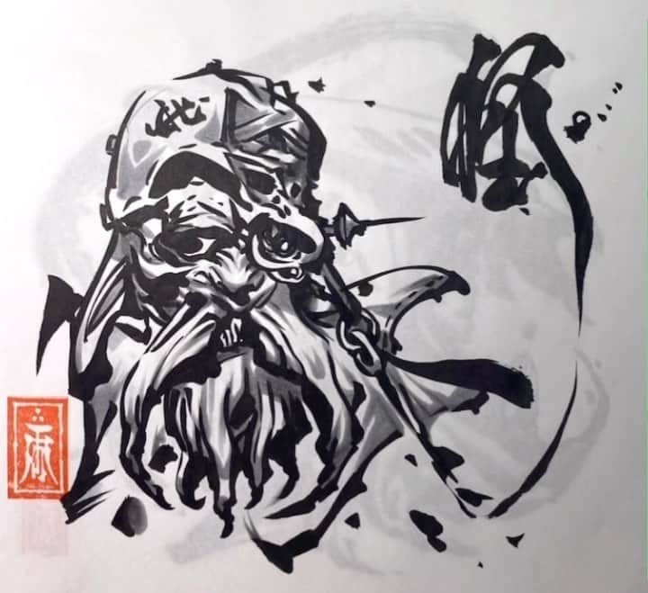 雨宮慶太のインスタグラム：「96。ああ、何でも知ってるよ。#動く筆練習 #ライブドローイング　#dragon #monster  #sketch #japan  #creature  #fairy  #drawing  #illustration」