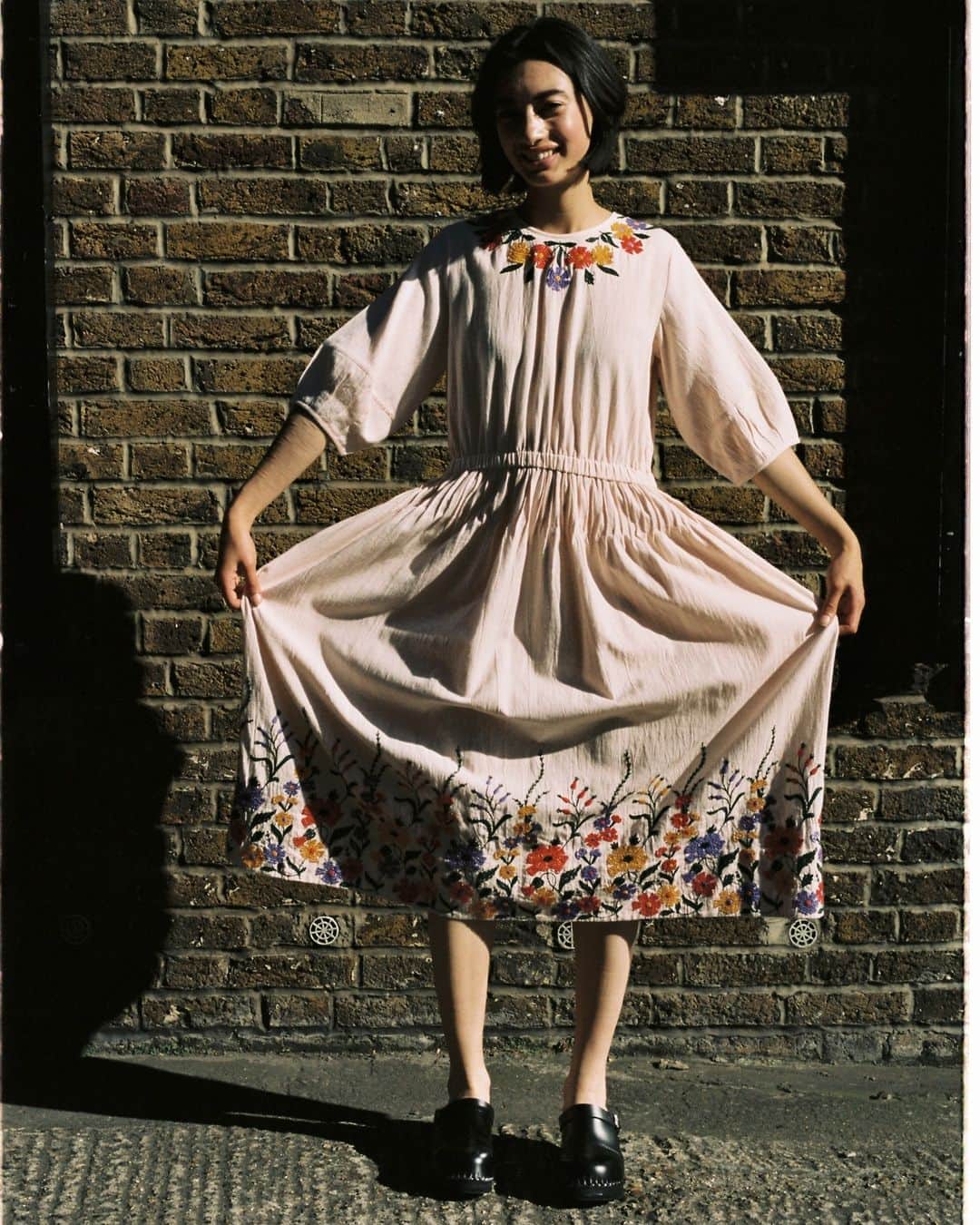 のインスタグラム：「Below-the-knee midi Garden dress in a pink cotton linen with embroidery detail.」