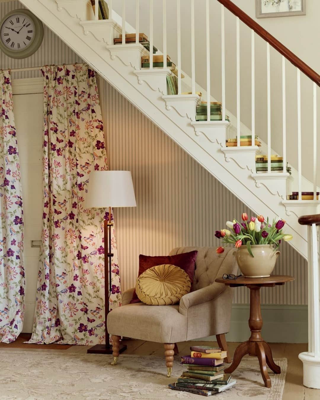 ローラアシュレイのインスタグラム：「Create the perfect, cosy reading nook with our New Homestead Collection. ⁣ ⁣ The new Elmswell print, features honeysuckle and birds in shades of Sage and Hedgerow Green mixed with Blush Pinks, Grape Purples and Chamomile Yellows for a truly joyful spring print.⁣ ⁣ 🔎 Wood Curtain Pole With Ribbed Ball Finial ⁣ 🔎 Montpellier Side Table ⁣ 🔎 Grape Purple Nigella Cushion ⁣ 🔎 Ochre Yellow Rosanna Cushion ⁣ 🔎 Hazelnut Chenille Ropsley Chair ⁣ 🔎 Burdale Adjustable Wood Floor Lamp Base ⁣ 🔎 Emyr Cream Lamp shade with metallic inner ⁣ 🔎 Rye Natural Rug ⁣ 🔎 Pussy Willow in Vase Framed Print」