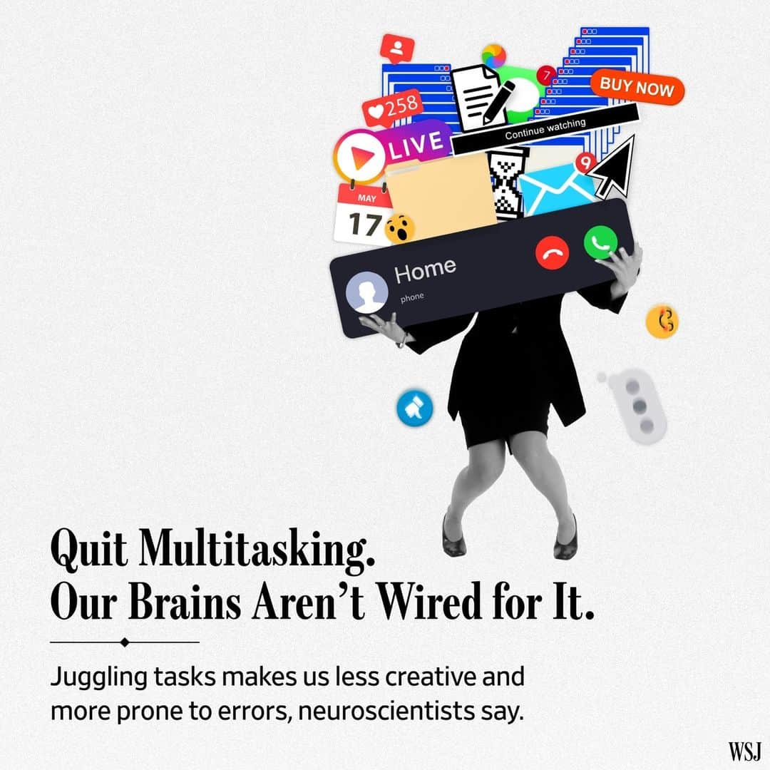 Wall Street Journalさんのインスタグラム写真 - (Wall Street JournalInstagram)「Multitasking is a way of life for most of us. We eat lunch while we work, take calls at the gym, reply to messages while logged on to Zoom. The tools of our lives, from car dashboard screens to buzzing phones, fracture our attention while promising that we can do it all, all the time. Except we can’t.⁠ ⁠ “You can’t multitask,” says Earl K. Miller, a neuroscience professor at the Massachusetts Institute of Technology’s Picower Institute for Learning and Memory. Our brains are wired to do just one cognitively demanding thing at a time, he says. We tell ourselves we’re multitasking, when what we’re actually doing is task-switching, rapidly shifting from one thing to the next. ⁠ ⁠ As we toggle, our minds stumble as we try to recall where we were and what we were doing, he says. Juggling tasks makes us less creative and more prone to errors; the quality of our work suffers.⁠ ⁠ So many of us continue to equate hopscotching from thing to thing with productivity. Job listings seek multitaskers, as evidenced by 141,069 hits for the phrase “multitask” in a recent search of posts on Indeed.com. ⁠ ⁠ We need to get back to monotasking—doing one thing at a time. The first step is weaning ourselves from distraction, says David Strayer, a University of Utah professor who has done pioneering research on how brains handle tasks. ⁠ ⁠ There are exceptions, whom Dr. Strayer dubs “supertaskers.” In their day jobs, they’re often high-end chefs, fighter pilots or professional athletes. They’re able to absorb multiple streams of information simultaneously, and keep it all straight. ⁠ ⁠ He says about 2.5% of people are supertaskers, although he estimates nearly 20 times as many people think they are.⁠ ⁠ Read more at the link in our bio.⁠ ⁠ Photo Illustration: Elena Scotti for @wsjphotos; iStock, PixelSquid」5月14日 23時01分 - wsj