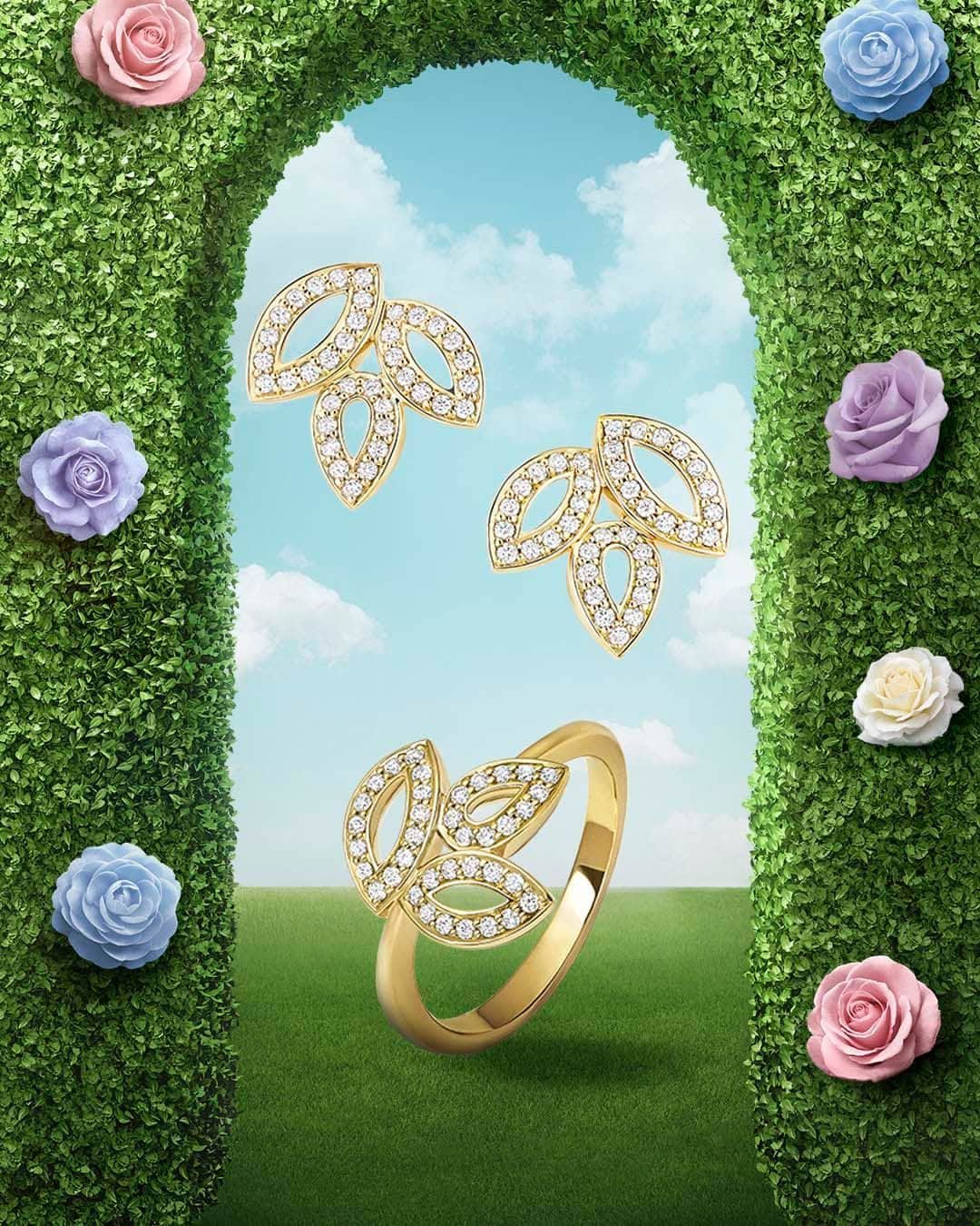 ハリー・ウィンストンのインスタグラム：「Brilliant Lily Cluster gems exude luminosity and light during a springtime afternoon tea party. Tap the link in bio to let these jewels guide you through the Winston Maze. #HarryWinston #WinstonMaze」
