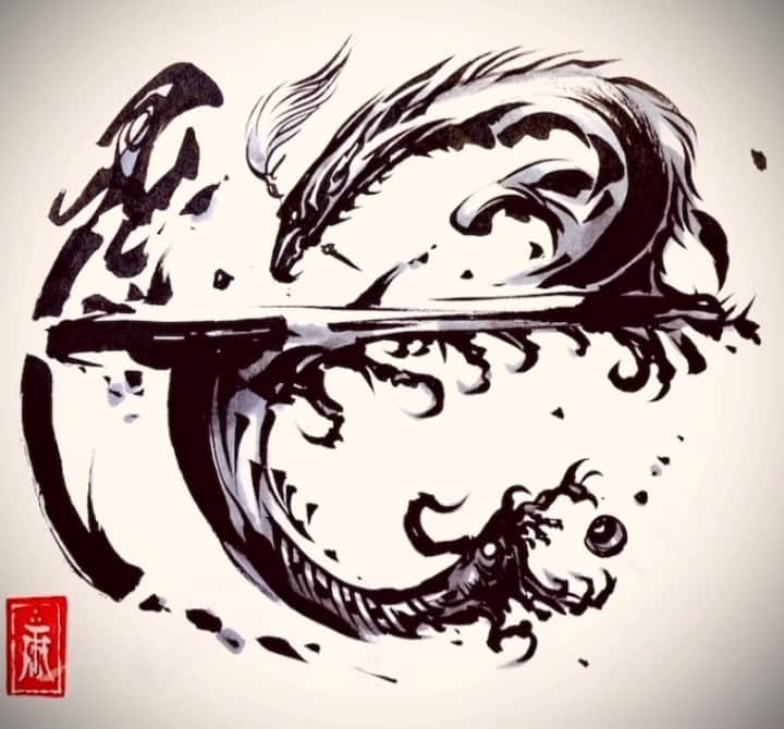 雨宮慶太のインスタグラム：「97。陰陽阿吽ノ図。#動く筆練習 #ライブドローイング　#dragon #monster  #sketch #japan  #creature  #fairy  #drawing  #illustration」