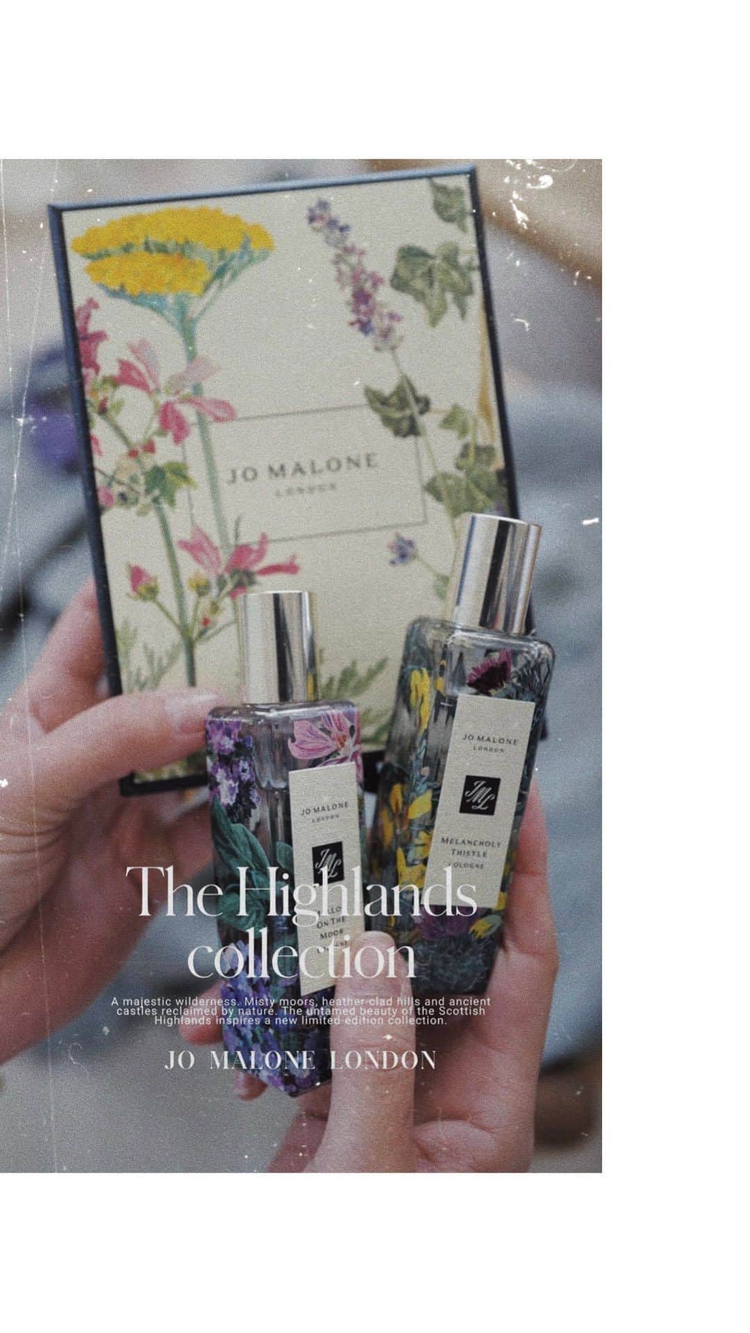 JUNNAのインスタグラム：「・  雄大な手つかずの自然。 ヘザーの花々が一面に咲き渡る霧がかった大自然の丘の中で息を吹き返す古城。  スコットランドのハイランド地方に広がる手つかずの美しい景色にインスパイアされた限定コレクションが登場。  美しいボトルにうっとり  thank you @jomalonelondon   #jomalonelondon #ジョーマローン #only」