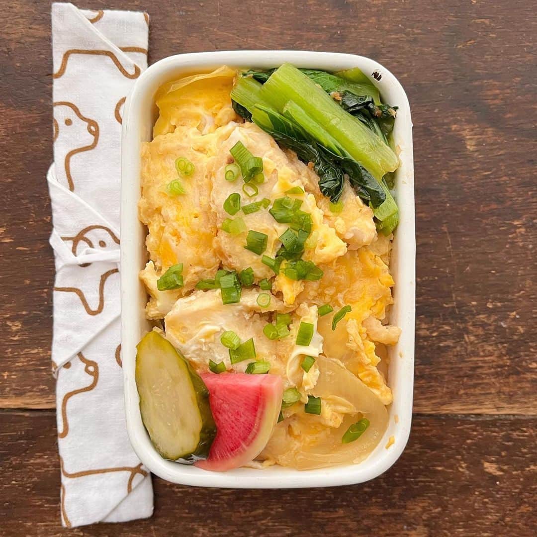 Rocoのインスタグラム：「05.15 チキンカツ卵とじ弁当 小松菜おかか醤油和え ぬか漬け  #roco弁#お弁当#obento#bento#野田琺瑯#大学生弁当」