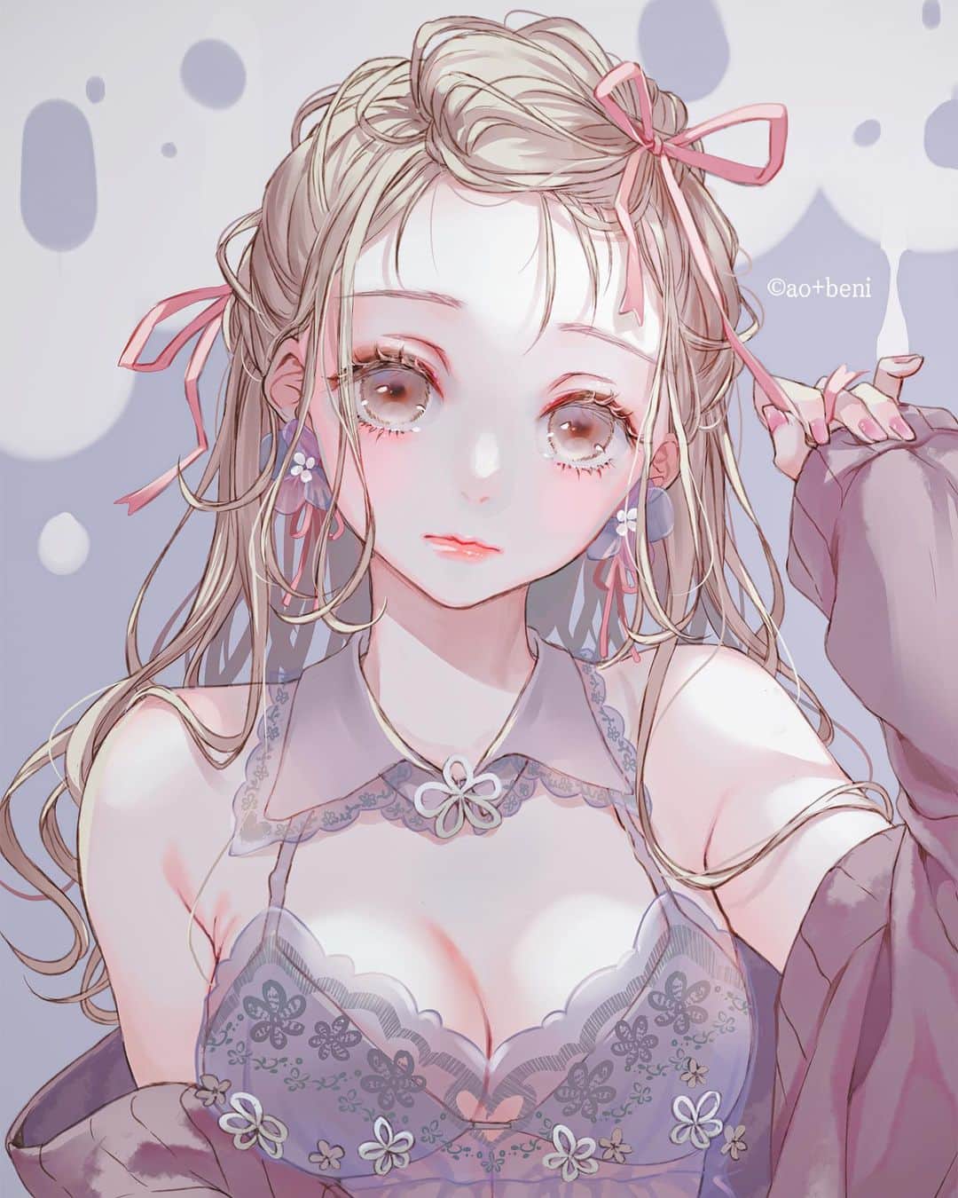 青十紅のインスタグラム：「下着モデルのハーフちゃんでした🎀(うちの子です🤍)  まだまだ沢山デザインして着せていきたいᝰ✍︎𓈒𓂂𓏸   . .. ... #myoc #art #digitalart #painting  #drawing #kawaii #design #일러스트 #插圖 #デザイン #イラスト #オリジナルイラスト #創作 #絵 #パステル #パープル」