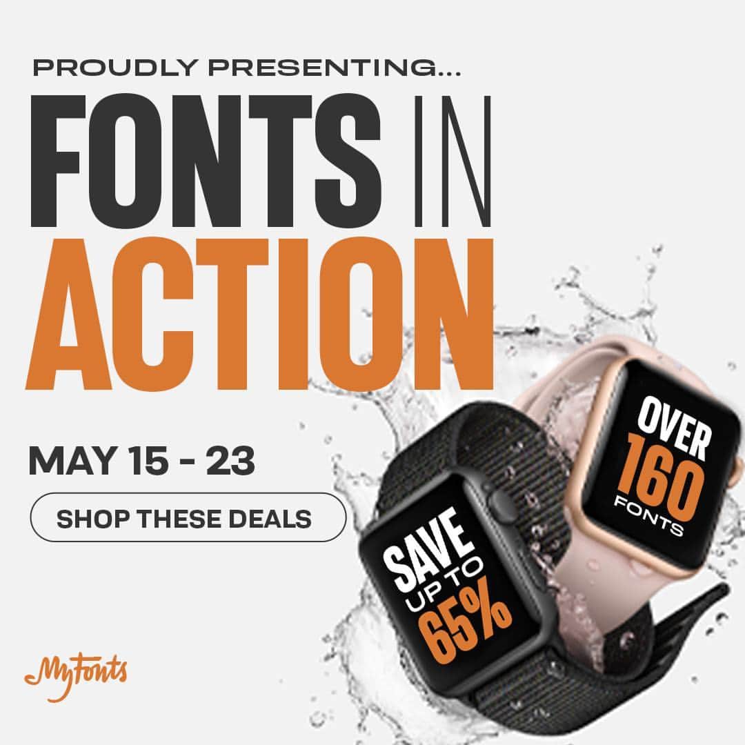 myfontsのインスタグラム：「Discover 160+ curated fonts in our Fonts in Action SALE starting TODAY! Elevate your designs with our collection, featuring fonts for branding, packaging, and more. Get up to 65% off your favorites.  Hurry - sale ends May 23rd! Link in the bio!」