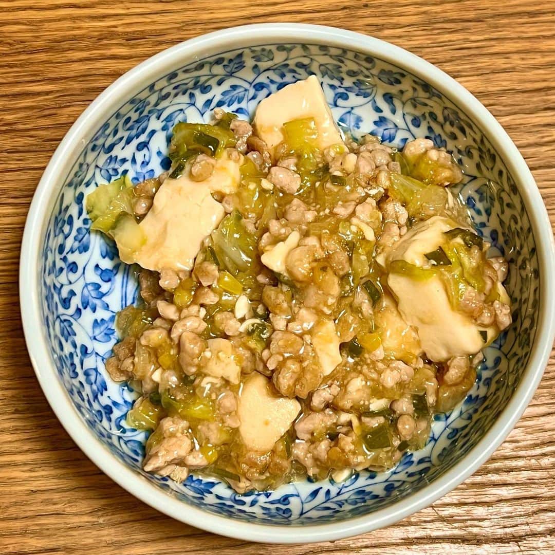 竹井亮介のインスタグラム：「2023年5月15日。 辛くない麻婆豆腐キャベツ入り。 #とっつぁん料理」