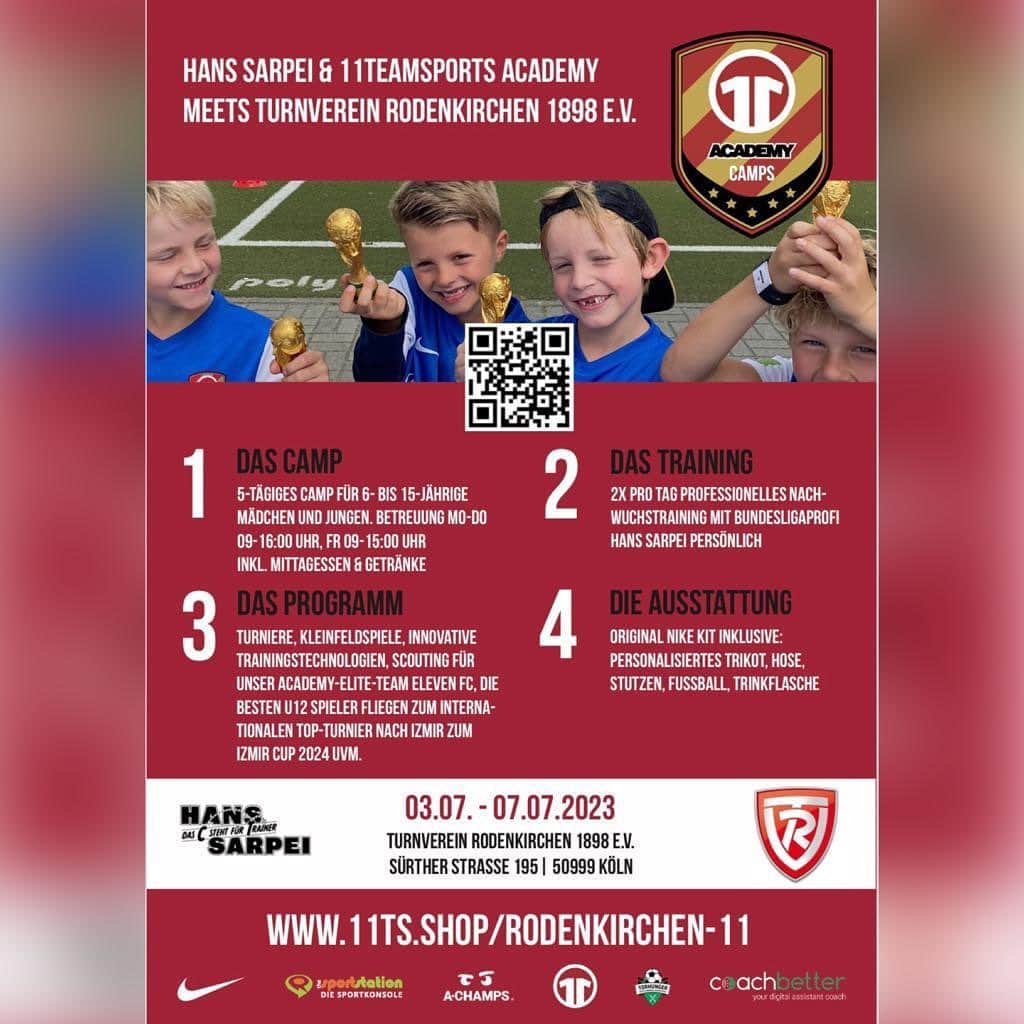 ハンス・サーペイのインスタグラム：「⚽️ SOMMERFERIEN 2023 ⚽️  📍Fußball-Camp in Rodenkirchen beim TV Rodenkirchen e.V.   🗓️ 2. Ferienwoche | 03.07. bis 07.07.2023  ⏱️ Montag-Freitag von 09:00-16:00 Uhr   📌 Anmelden können sich Kinder & Jugendliche, Mädchen und Jungen im Alter von 6-15 Jahren   ⚽️ In unserem fünftägigen Fußball-Camp in Köln-Rodenkirchen erleben Ihre Kids, unter persönlicher Leitung von mir eine Woche voller Spaß und cooler Überraschungen.  ✅ Professionelles Training  ✅ Original Nike Kit inklusive: Personalisiertes Trikot, Hose, Stutzen, Fußball, Trinkflasche ✅ Mittagessen, frisches Obst, Snacks und ausreichend Getränke inklusive  ✅ Scouting für das Academy-Elite-Team ELEVEN FC, die Besten U12 Spieler fliegen zum internationalen Top-Turnier nach Izmir zum Izmir Cup 2024 ✅ Große A-Champs Challenge. Zeige und trainiere in vier Übungen deine kognitiven Fähigkeiten, und spiele dich in der Deutschlandrangliste ganz nach oben. Es warten tolle Preise auf dich ✅ Qualifikationsmöglichkeit zum Mega-Dribbler-Deutschlandfinale. Qualifiziere dich über das Camp für das Regionalfinale und fahre dann zum Deutschlandfinale in den Europa-Park Rust.」