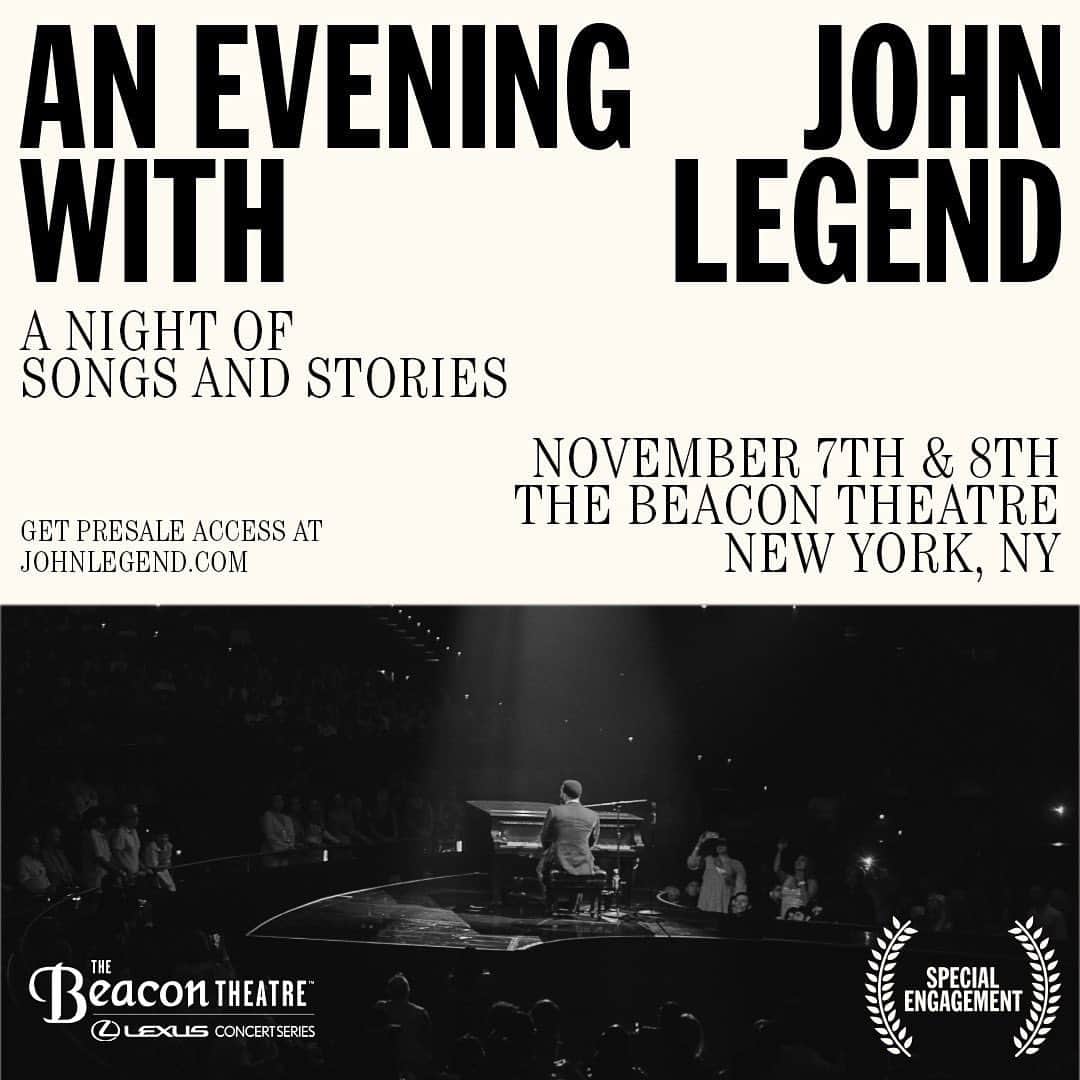 ジョン・レジェンドのインスタグラム：「Looking forward to some beautiful autumn nights in New York this year! Join me at the Beacon Theatre on November 7th & 8th and at the Tilles Center for the Performing Arts on November 11th for three very special shows. RSVP for the exclusive artist pre-sale now on johnlegend.com!」