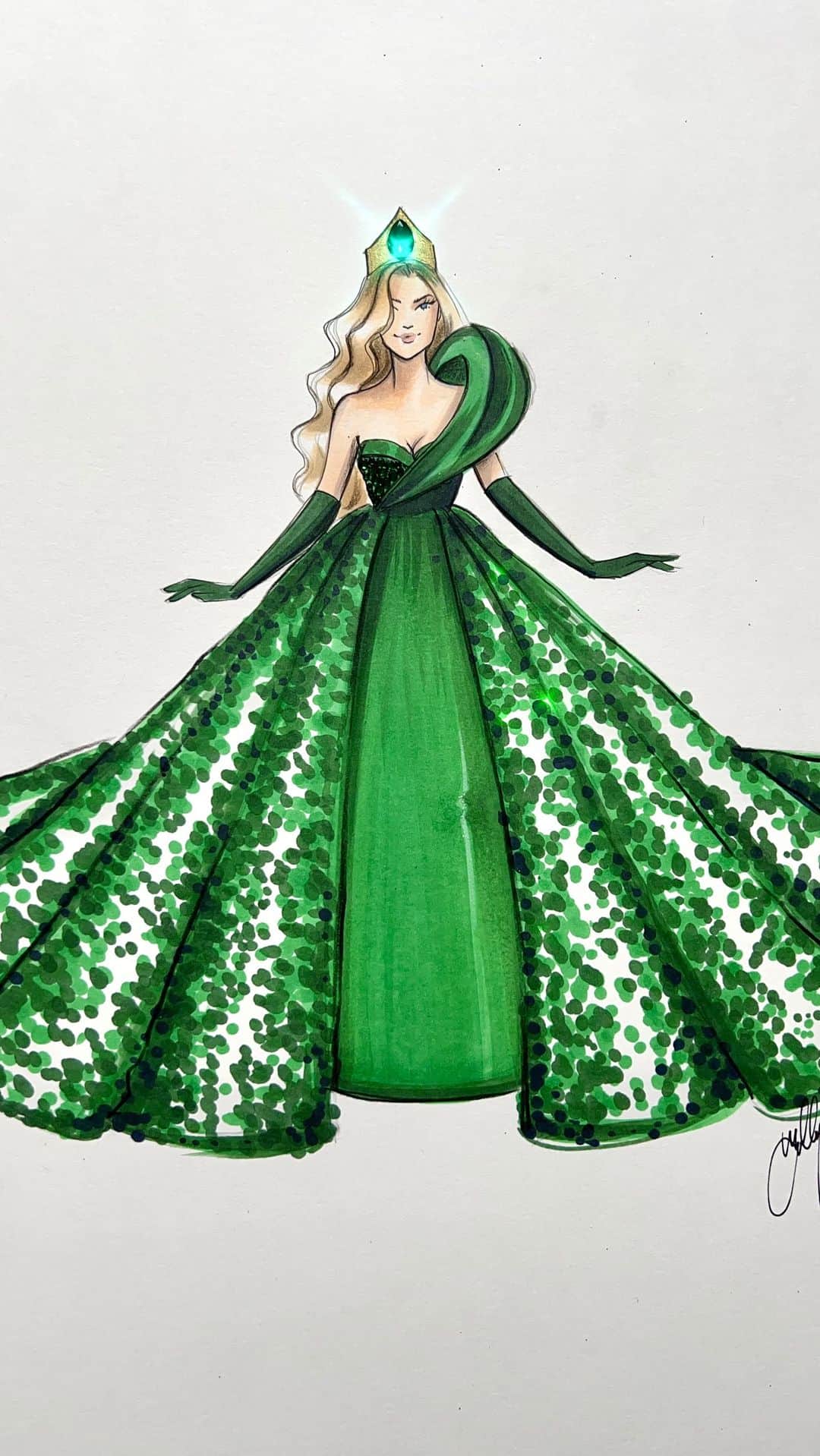 Holly Nicholsのインスタグラム：「Emerald Queen 💚 May Birthstone #emerald #birthstone #asmr #asmrsounds #fashionillustration #copicmarkers #illustration」