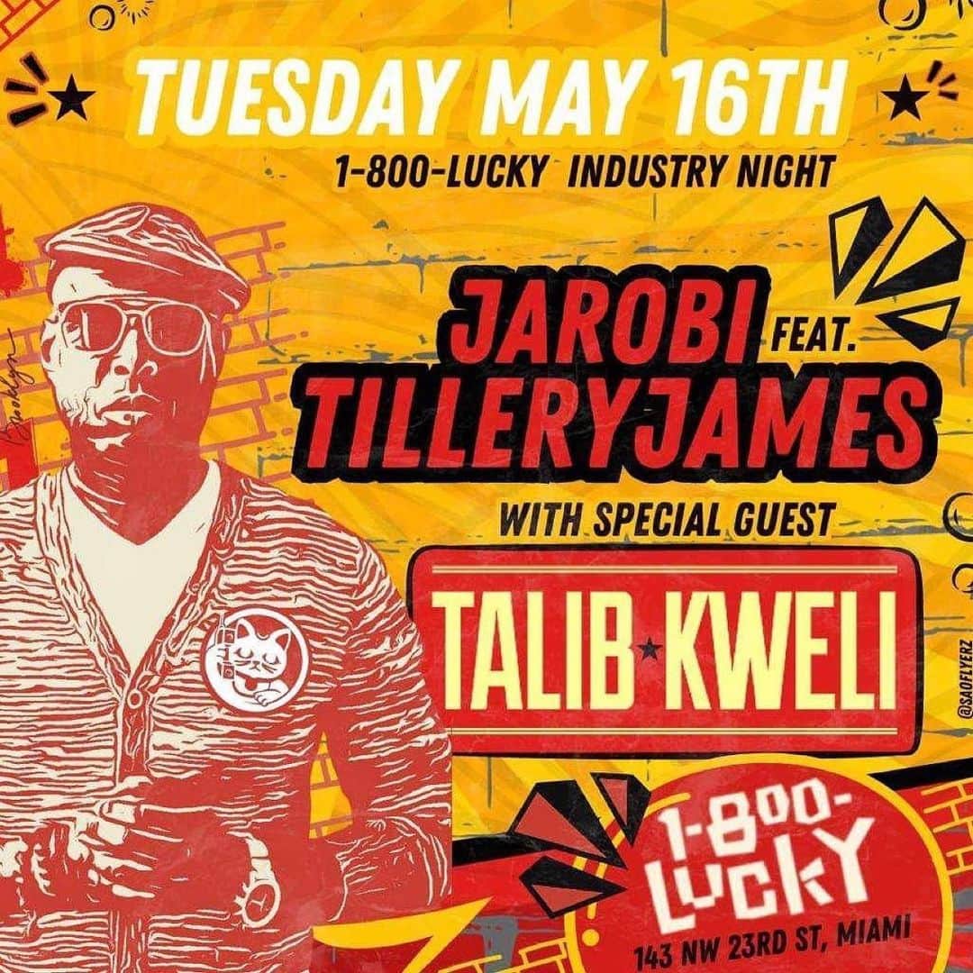 タリブ・クウェリのインスタグラム：「MIAMI PULL UP TOMORROW!  Repost from @1800lucky • TOMORROW, Tues May 16th ‼️ Join us with the legends @talibkweli and ours truly @jarobiwhite for a great evening of classic Hip Hop, immaculate vibes and so much more! 🙏  Sets by 🎧 @talibkweli  @jarobiwhite  @djtilleryjames」