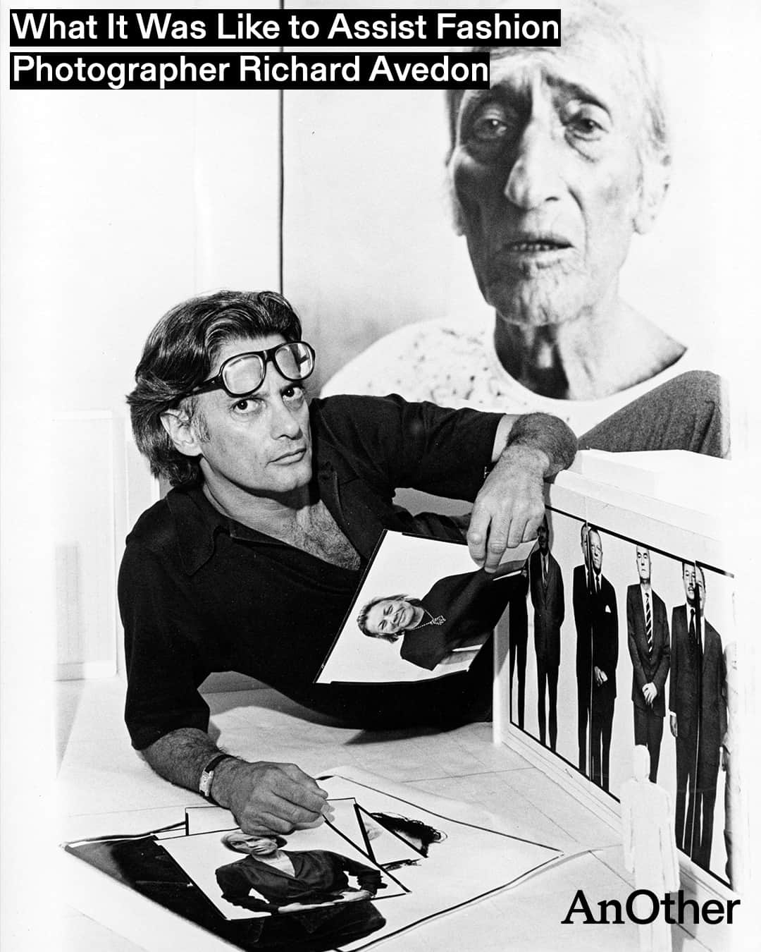 AnOther Magazineのインスタグラム：「“My portraits are more about me than they are about the people I photograph” – Richard Avedon ⁠ ⁠ The seminal photographer, who was born 100 years ago today, encountered some of the most influential people of his time. To mark the occasion, we're revisiting AnOther's interview with Gideon Lewin, who poignantly chronicled the pair’s 16-year partnership ❤️⁠ ⁠ At the link in bio, Lewin shares his memories of what it was like to work side-by-side with one of the greatest photographers of the 20th century 📲⁠ ⁠ 📸 1. Richard Avedon, August 1975. Courtesy of Getty⁠ 2. Avedon – Behind the Scenes 1964-1980. Lauren Hutton on set, Vogue, September 1974. Photography by #GideonLewin⁠ 4. Avedon and Ben Fernandez, The Master Class, 1967. Photography by #GideonLewin⁠ 5. Veruschka being styled, Hokkaido, 1966. Photography by #GideonLewin⁠ 7. Avedon with collage, 1965. Photography by #GideonLewin」
