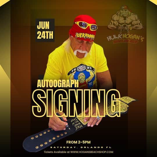 ハルク・ホーガンのインスタグラム：「Get ready to meet the Hulkster himself! Join us at Hulk Hogan’s Wrestling Shop in Orlando Florida June 24th for an exclusive autograph signing with the one and only Hulk Hogan!   Don’t miss out on this incredible opportunity to meet the legend.  Buy your tickets NOW and secure your spot👇🏽  https://hulkhoganswrestlingshop.com/collections/june-24th-hogan-autograph-siging」