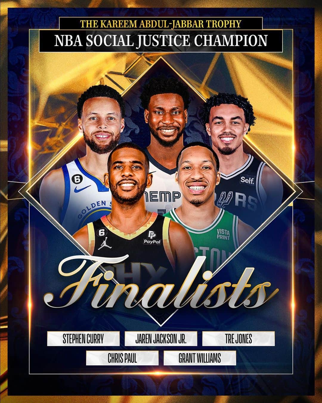 NBAさんのインスタグラム写真 - (NBAInstagram)「Stephen Curry, Jaren Jackson Jr, Tre Jones, Chris Paul and Grant Williams have been selected as the five finalists for the 2022-23 #SocialJusticeChampion award, with the winner receiving the Kareem Abdul-Jabbar Trophy.  The annual award recognizes a current NBA player for pursuing social justice and advancing Abdul-Jabbar’s life mission to engage, empower and drive equality for individuals and groups who have been historically marginalized or systemically disadvantaged.」5月16日 4時05分 - nba