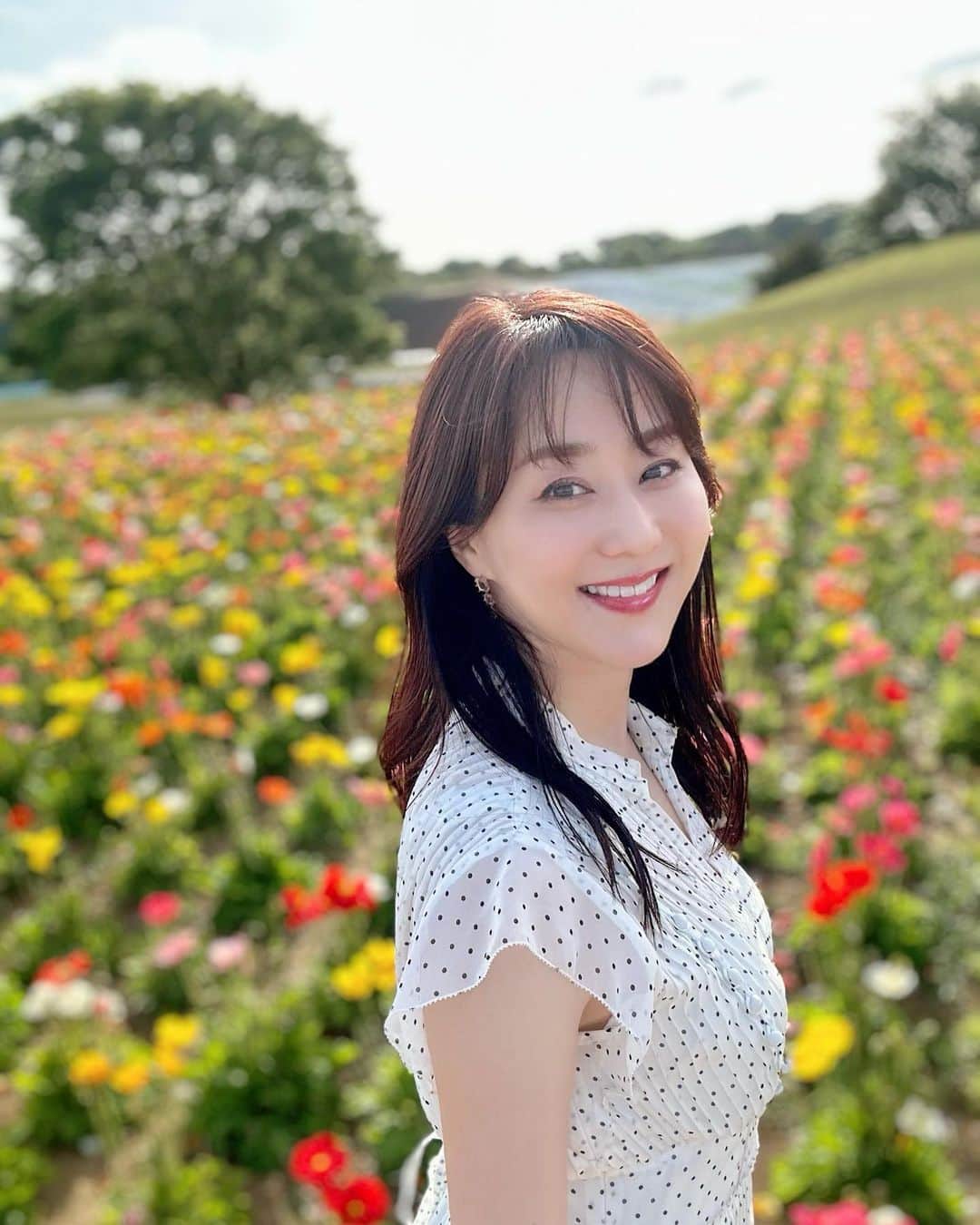 村上麻衣のインスタグラム：「お花畑🌷🌼🌸  向こうに見える水色はネモフィラ🩵  こちらはiPhone14proのノーマルカメラです。  . . . 今日は昨日までと打って変わって、すっきり晴れて暖かいですね☀️ 寒いの苦手なので嬉しいです。  早く夏にならないかなぁ🥰 海に行きたい。 プールに入りたい。 皆さま今日もお元気でね。  #お花 #お花畑 #綺麗 #flowers#smile」