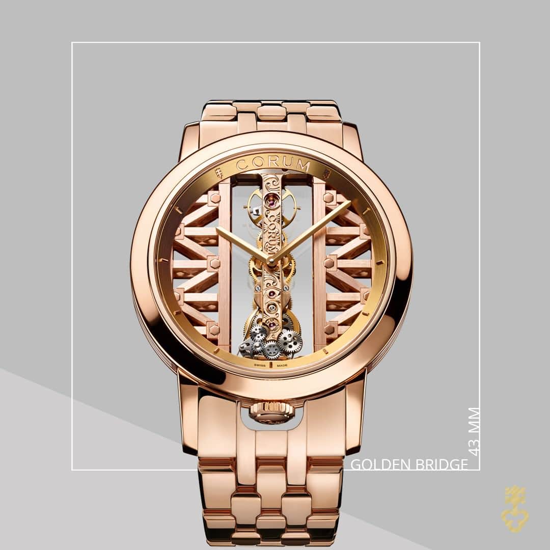 コルムのインスタグラム：「The combination of the round case and beautifully engraved inline movement perfectly complement one another, while the gold bracelet adds a unique appearance to this iconic #CorumGoldenBridge timepiece.  - Ref. B113/04437 - #Corum #CorumWatches」