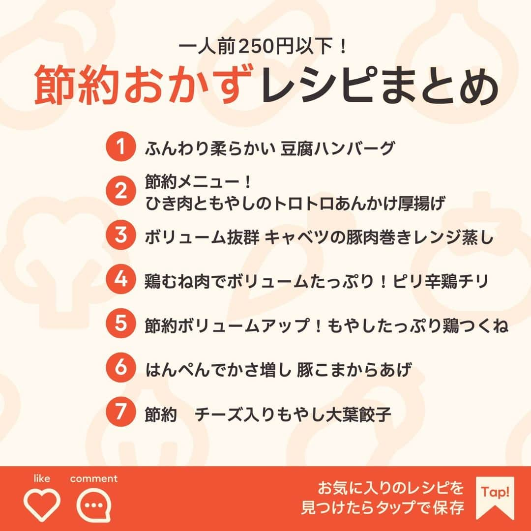 KURASHIRUさんのインスタグラム写真 - (KURASHIRUInstagram)「👈簡単・時短レシピを毎日発信中！！！ 一人前250円以下！ 「節約おかず」レシピ7選 ———————————————————— 日常的に使える「時短レシピ」を毎日お届け! @kurashiru のフォローをお願いします✨ 投稿を見て、美味しそう!って思った方は「いいね」 参考になったという方は「保存」してね👍 5,600万人が利用するクラシルの公式アプリ(無料)は、 @kurashiru のプロフィールから!  ————————————————————  ———————————————————— ①ふんわり柔らかい 豆腐ハンバーグ  【材料】 2人前 豚ひき肉　　　　　　　　100g 木綿豆腐　　　　　　　　150g 玉ねぎ　　　　　　　　　1/2個 (A)薄力粉　　　　　　 大さじ2 (A)塩　　　　　　　　 少々 (A)黒こしょう　　　　 少々 サラダ油　　　　　　　　小さじ1 ポン酢　　　　　　　　　小さじ2  ----- トッピング ----- 小ねぎ（小口切り）　　　適量  【手順】 1. 玉ねぎはみじん切りにします。 2. 木綿豆腐は一口大に切ります。 3. キッチンペーパーで包み、耐熱容器に入れて、ラップをかけずに500Wの電子レンジで3分程加熱して水切りをし、粗熱を取ります。 4. ボウルに豚ひき肉、3、1、(A)を入れて捏ねます。 5. 半量に分けて楕円形に成形し、空気を抜きます。 6. 中火で熱したフライパンにサラダ油をひき、5を入れて焼きます。焼き色がついたら裏返し、蓋をして4分程蒸し焼きにします。 7. 中まで火が通ったら火から下ろします。器に盛り付け、ポン酢をかけ、小ねぎを散らして完成です。  【コツ・ポイント】 調味料の加減は、お好みで調整してください。 豚ひき肉は、鶏ひき肉などお好みのひき肉でも代用いただけます。 やわらかい食感のハンバーグなので、焼いている途中に崩れにくいように木綿豆腐はしっかりと水切りしてください。 ご使用の電子レンジの機種や耐熱容器の種類、食材の状態により加熱具合に誤差が生じます。様子を確認しながら、必要に応じて加熱時間を調整しながら加熱してください。  ———————————————————— ▼他のレシピ詳細はクラシルアプリをご覧ください🔎 ②節約メニュー！ひき肉ともやしのトロトロあんかけ厚揚げ ③ボリューム抜群 キャベツの豚肉巻きレンジ蒸し ④鶏むね肉でボリュームたっぷり！ピリ辛鶏チリ ⑤節約ボリュームアップ！もやしたっぷり鶏つくね ⑥はんぺんでかさ増し 豚こまからあげ ⑦節約　チーズ入りもやし大葉餃子  ————————————————————  ———————————————————————————— クラシルアプリなら「かんたん・おいしい」が叶う🍳 ダウンロードは@kurashiru のプロフィールから！ ————————————————————————————  #クラシル #クラシルごはん #料理 #レシピ #時短 #簡単レシピ #手料理 #おうちごはん #手作りごはん #今日のごはん #節約おかず #節約レシピ #豆腐ハンバーグ #もやし #キャベツ #鶏むね肉 #つくね #はんぺん #餃子」5月16日 12時32分 - kurashiru