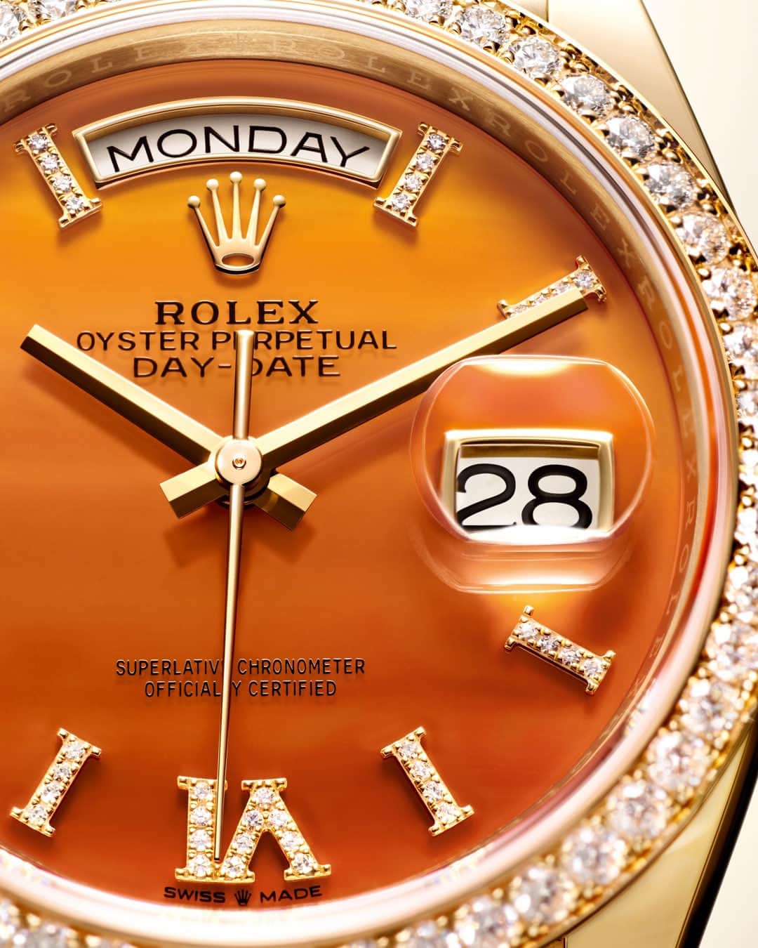 Harrodsのインスタグラム：「The new @Rolex Oyster Perpetual #DayDate 36 crafted from 18kt yellow gold features a dial cut from carnelian, an orangey-colour stone typified by lines of varying shapes and sizes forming an artful cameo of patterns.   Find #Rolex in Fine Watches on the Ground Floor.   #Harrods #HarrodsFineWatches #WatchesandWonders2023」