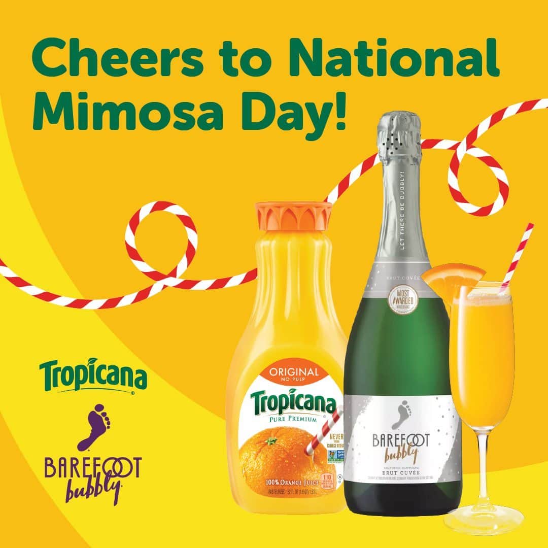 トロピカーナのインスタグラム：「Add a little ✨extra✨ to your orange juice for #NationalMimosaDay. Pair Tropicana with Barefoot Bubbly for a deliciously smooth sip. 21+ Please enjoy responsibly.」