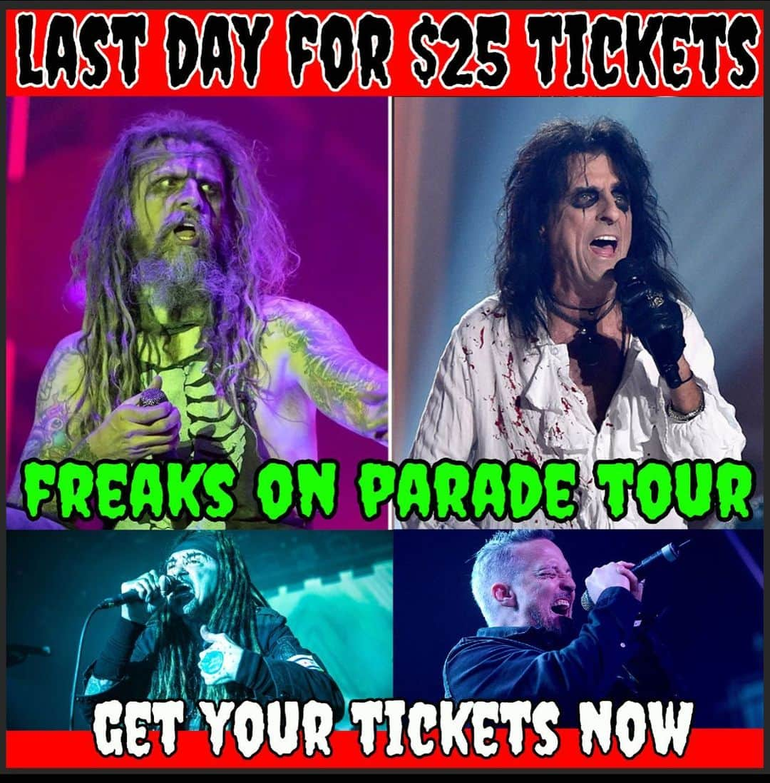 ロブ・ゾンビさんのインスタグラム写真 - (ロブ・ゾンビInstagram)「Time is running out! Get your 25 dollar tickets today for FREAKS ON PARADE TOUR! Supplies are limited! 🔥#robzombie #alicecooper #freaksonparadetour #ministry #filter」5月17日 1時14分 - robzombieofficial