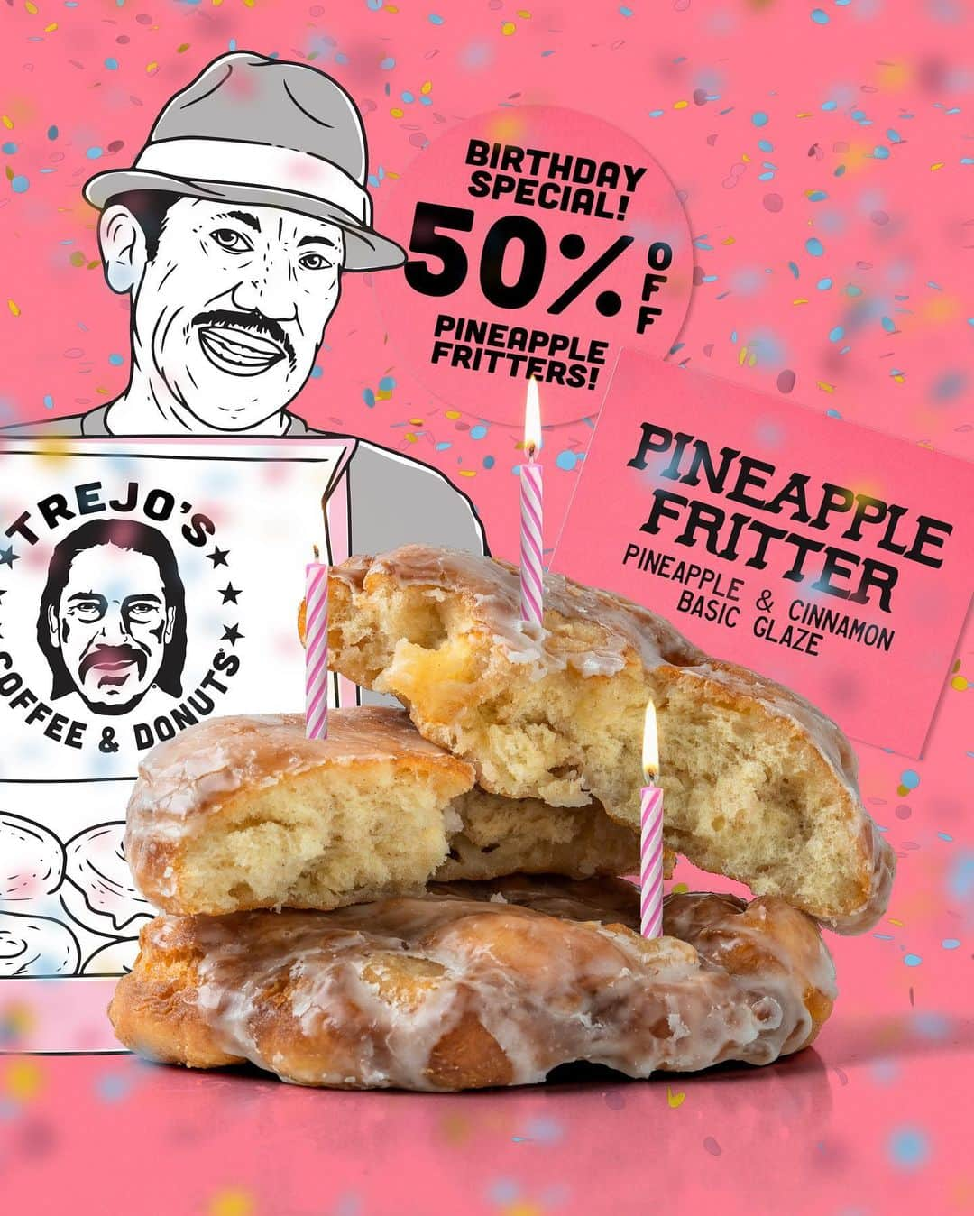 ダニー・トレホさんのインスタグラム写真 - (ダニー・トレホInstagram)「🍍50% Off The Pineapple Fritter🍍  In celebration of @officialdannytrejo birthday we are giving 50% off of his favorite donut “The Pineapple Fritter” all day long! So stop on by and get one (or two) and share the love!   Open daily 7AM-4PM  📍6785 Santa Monica Blvd, Los Angeles  #trejostacos #trejosdonuts #trejoscantina #trejoscerveza #trejosdonutsandcoffee #coffeeshop #losangeles #donuts #dannytrejo #breakfast #bakers #donutsandcoffee」5月17日 1時53分 - officialdannytrejo